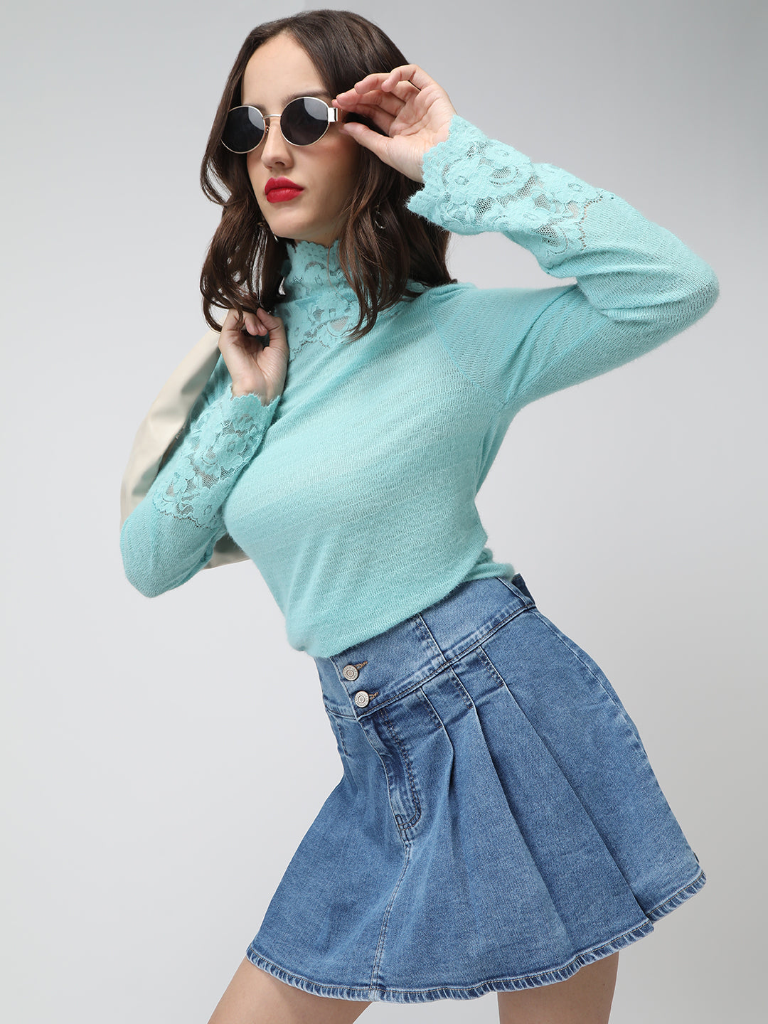 Women's Textured Blue Long Sleeve Top with Lace Trim Details