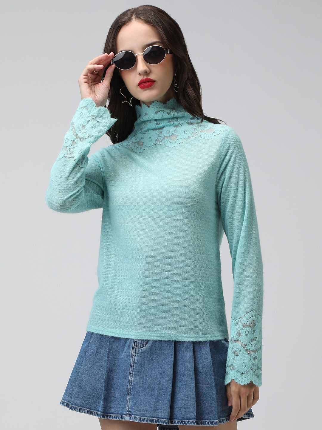 Women's Textured Blue Long Sleeve Top with Lace Trim Details