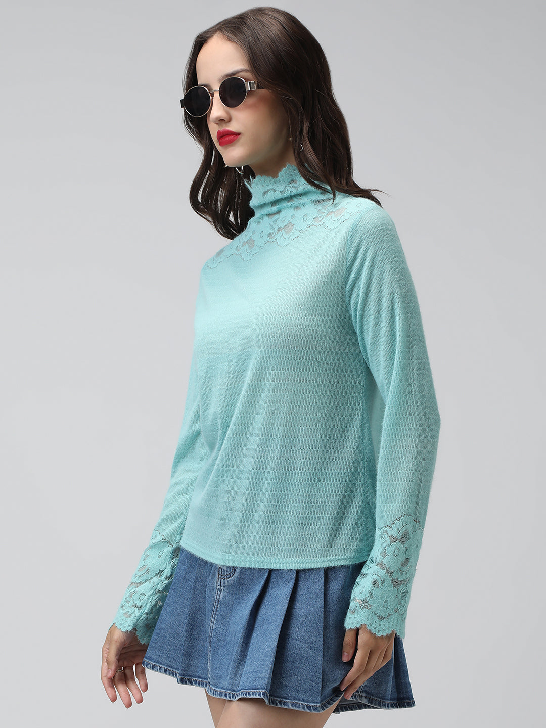 Women's Textured Blue Long Sleeve Top with Lace Trim Details