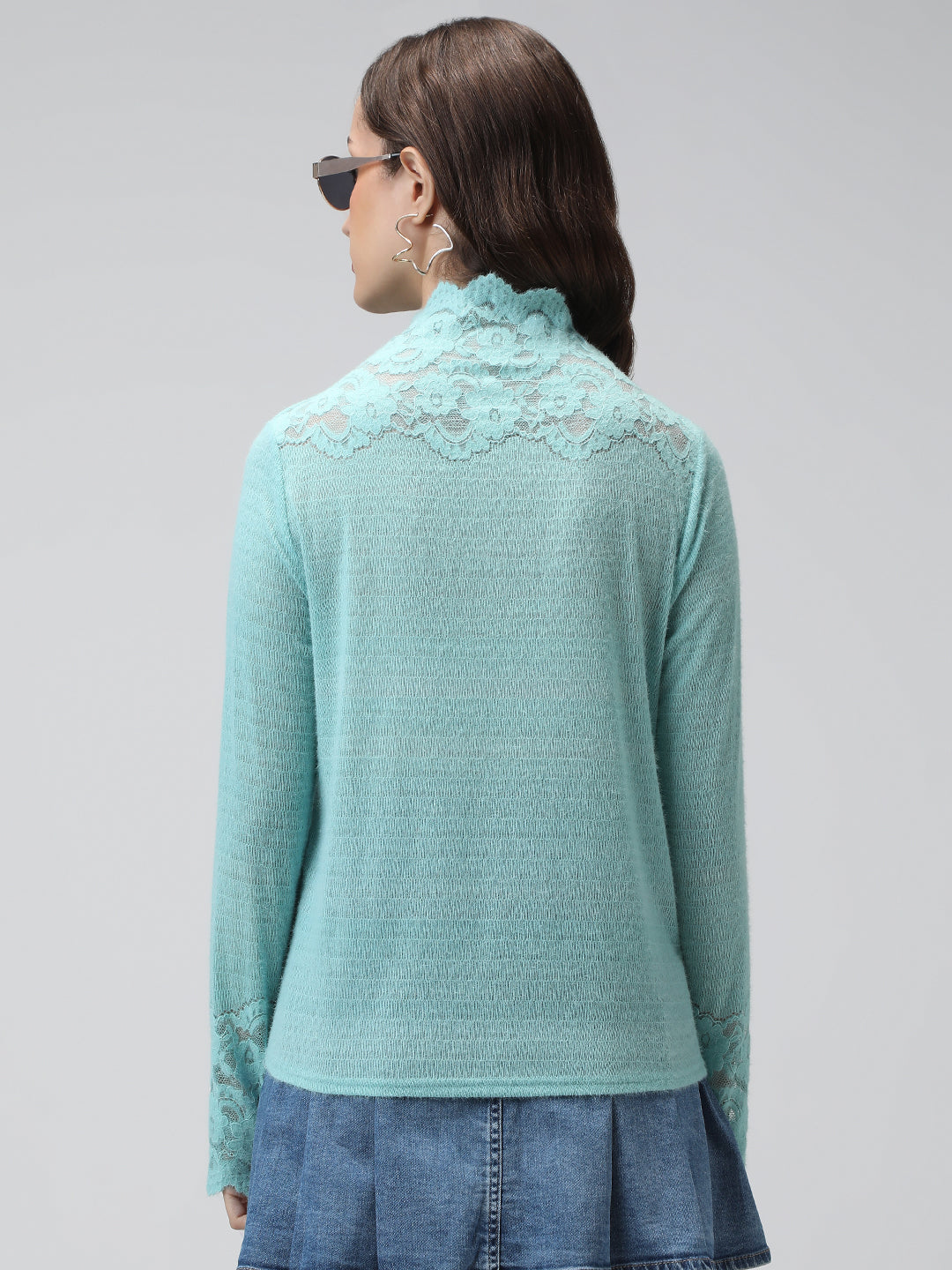 Women's Textured Blue Long Sleeve Top with Lace Trim Details