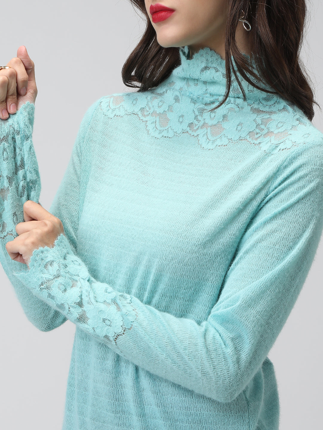 Women's Textured Blue Long Sleeve Top with Lace Trim Details