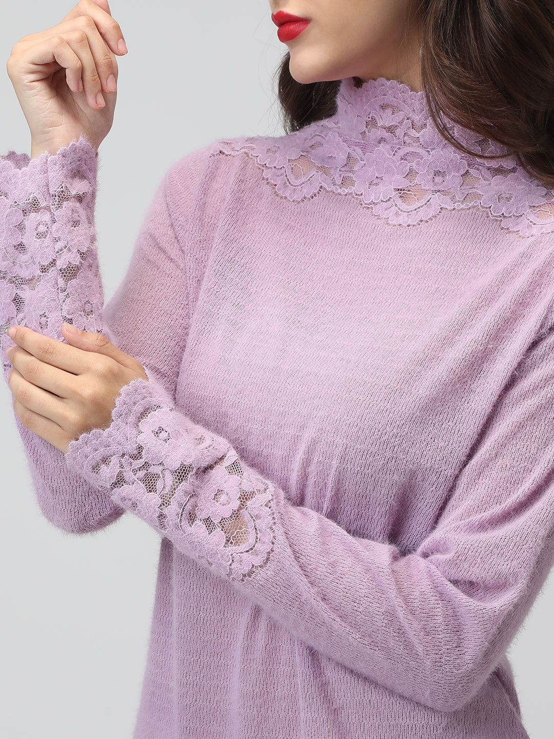Women's Textured Lavender Long Sleeve Top with Lace Trim Details