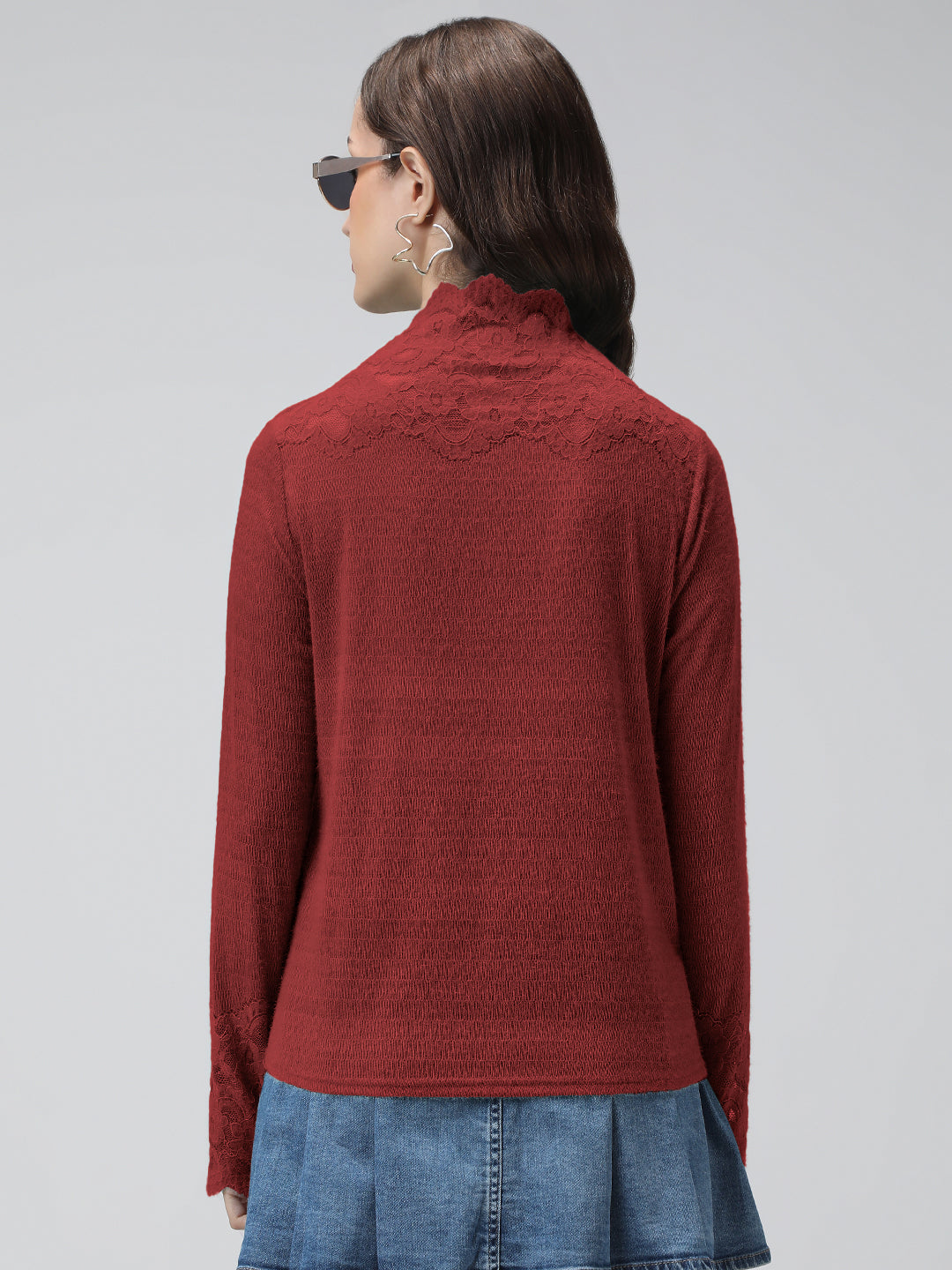 Women's Textured  Maroon Long Sleeve Top with Lace Trim Details