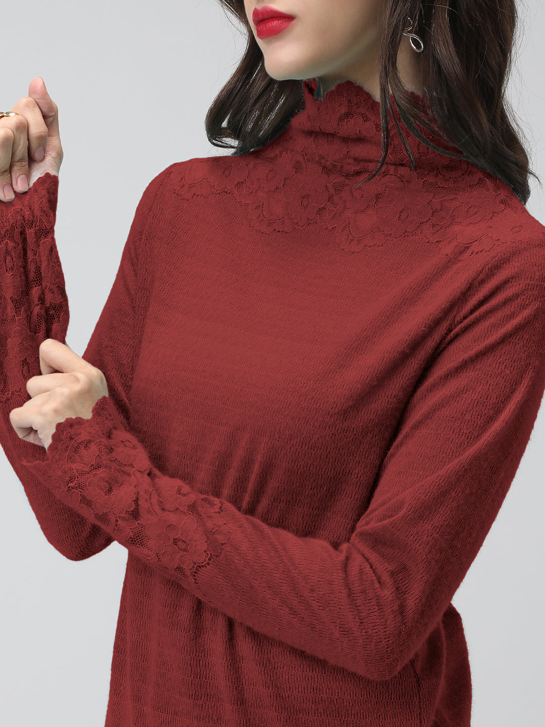 Women's Textured  Maroon Long Sleeve Top with Lace Trim Details