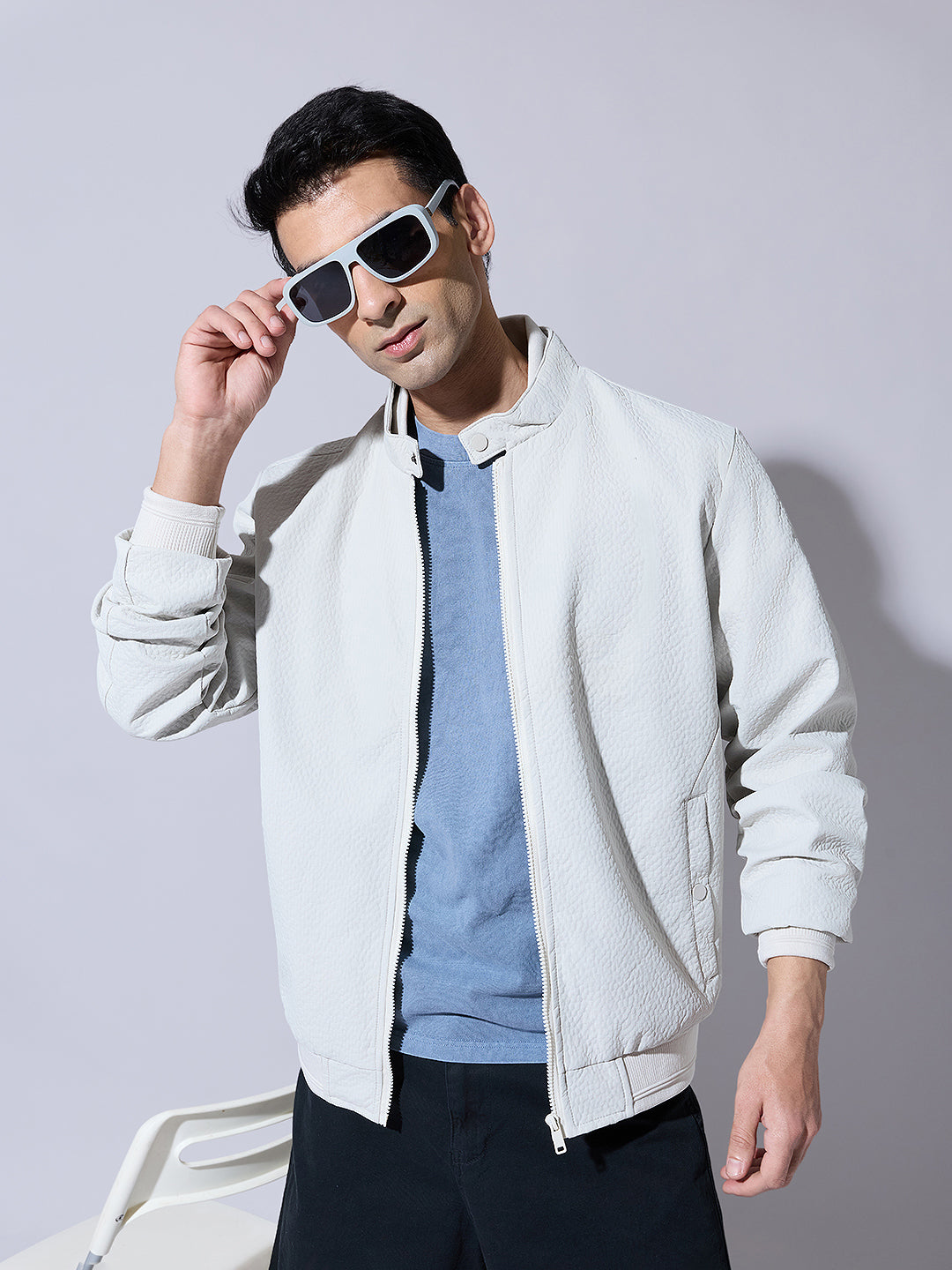 Men's Textured Cream Zip-Up Bomber Jacket