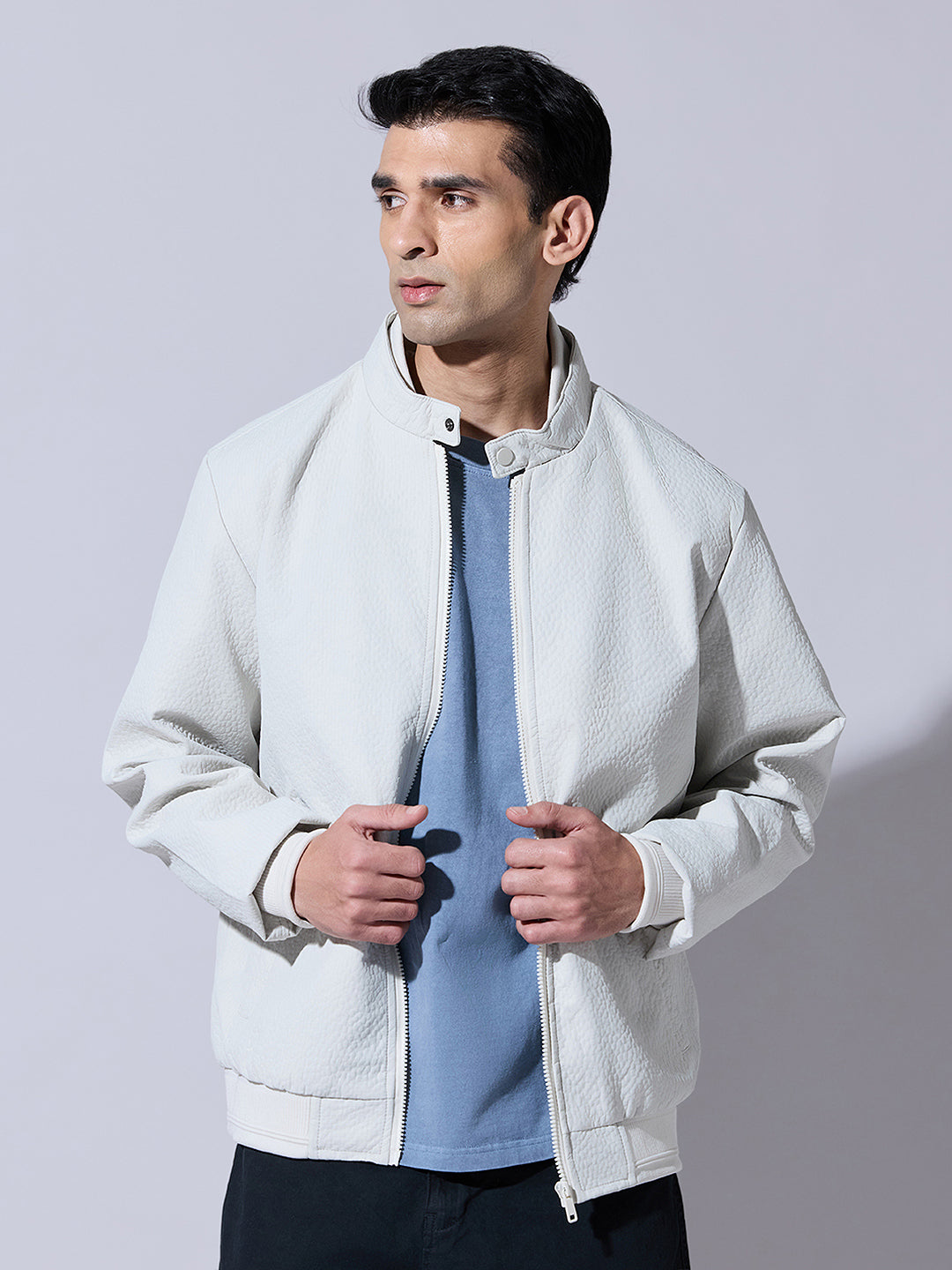 Men's Textured Cream Zip-Up Bomber Jacket