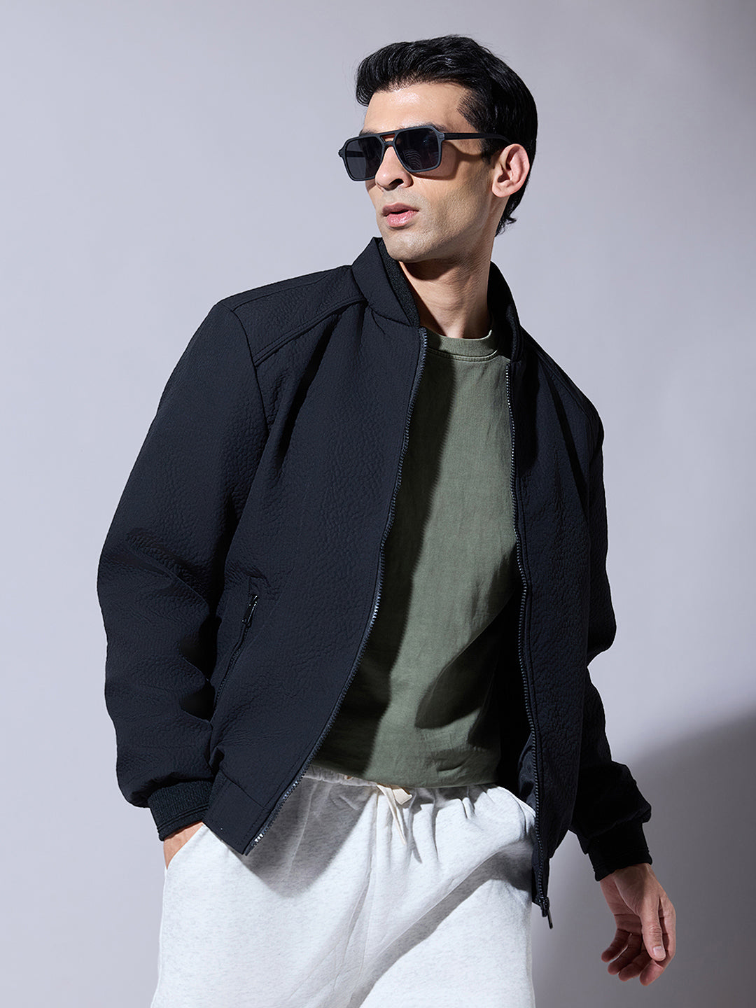 Men's Textured Black Zip-Up Bomber Jacket