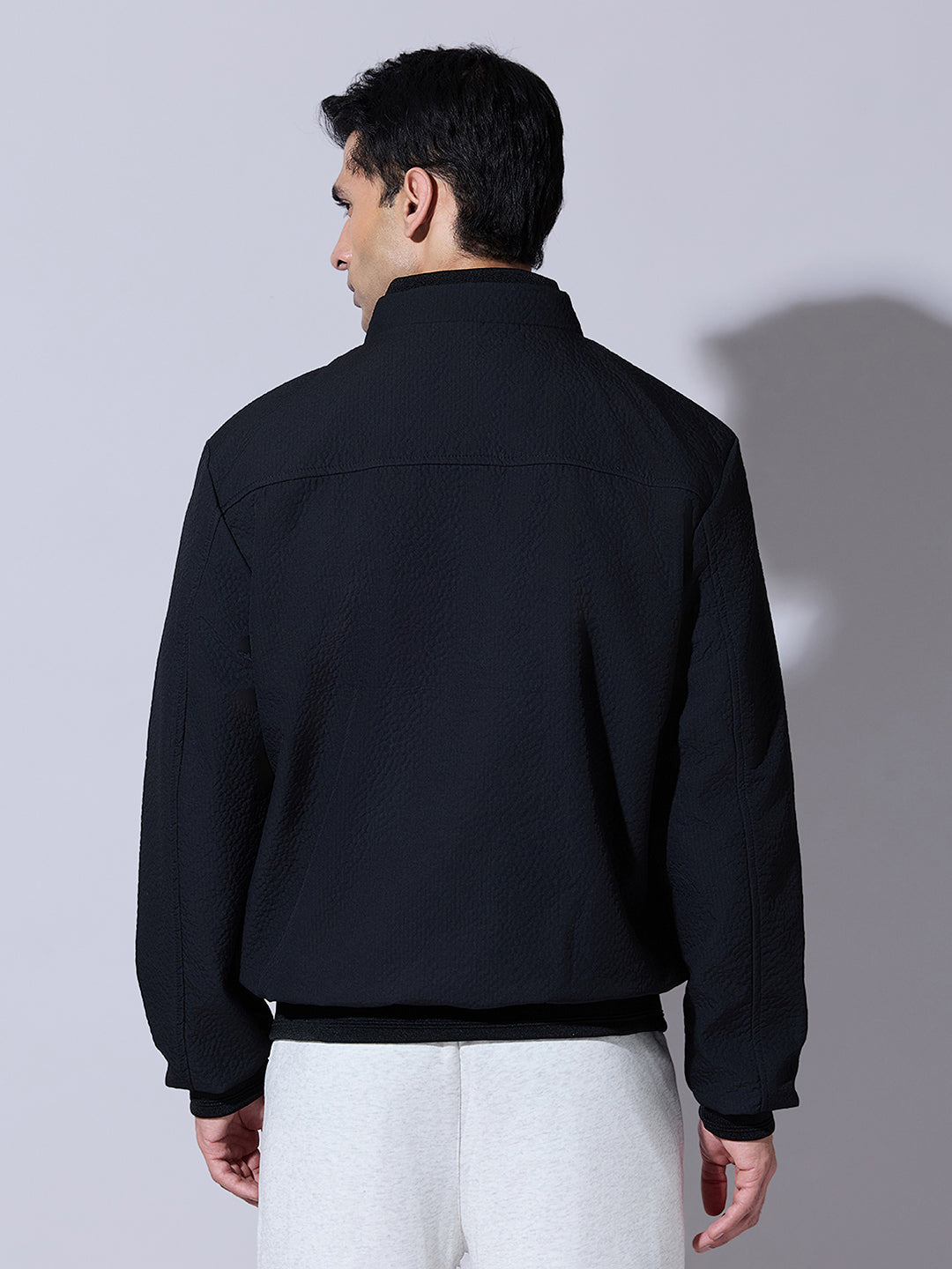 Men's Textured Black Zip-Up Bomber Jacket