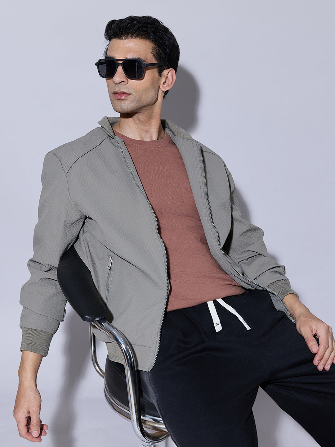 Men's Textured Green Zip-Up Bomber Jacket