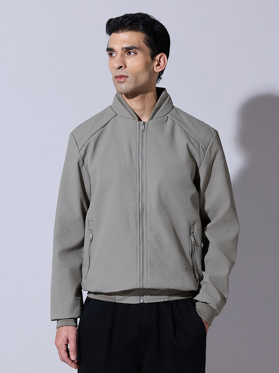 Men's Textured Green Zip-Up Bomber Jacket