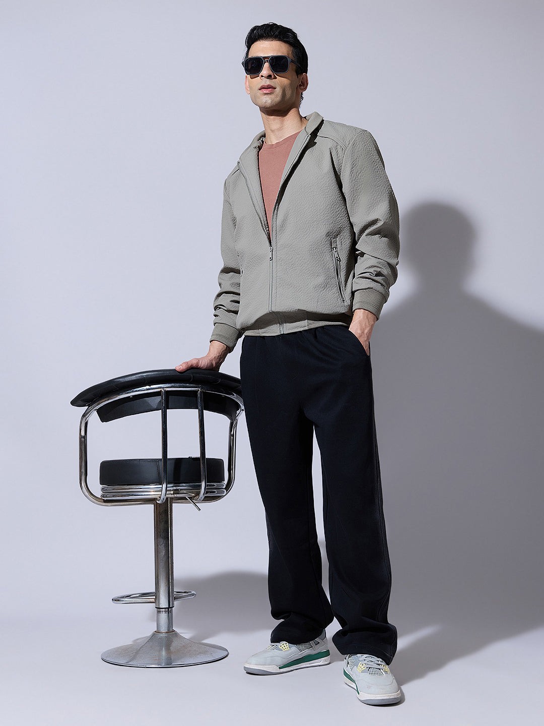 Men's Textured Green Zip-Up Bomber Jacket