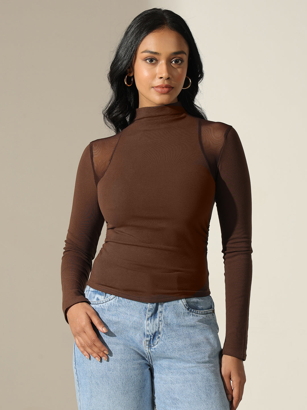 Women's Brown Mock Neck Top with Mesh Shoulder Detail