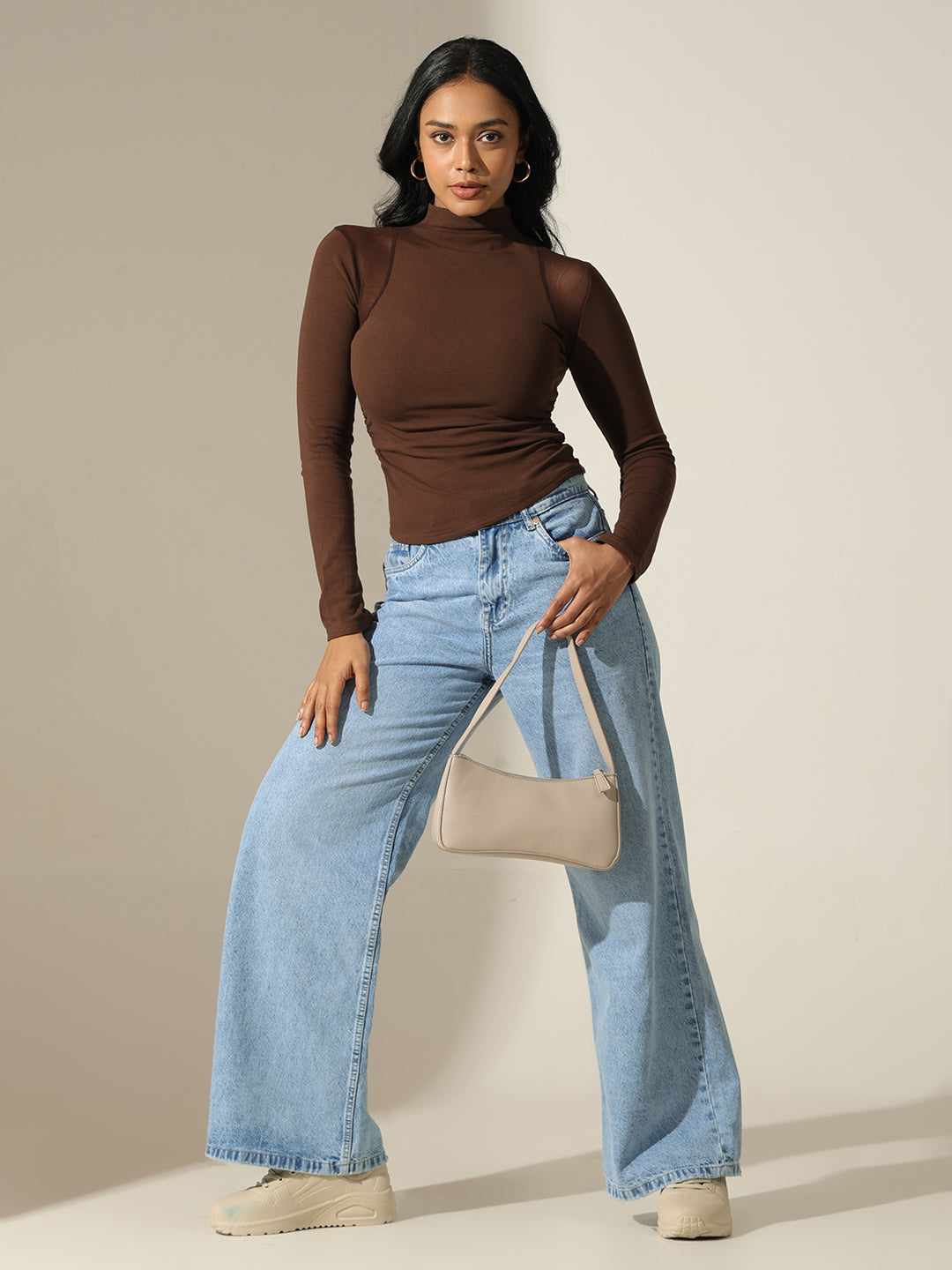 Women's Brown Mock Neck Top with Mesh Shoulder Detail