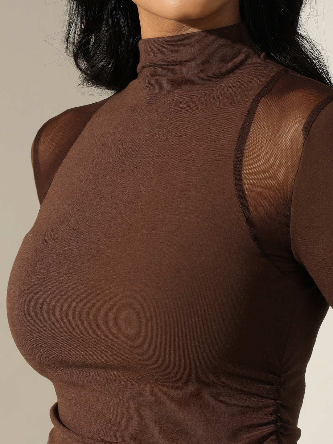 Women's Brown Mock Neck Top with Mesh Shoulder Detail
