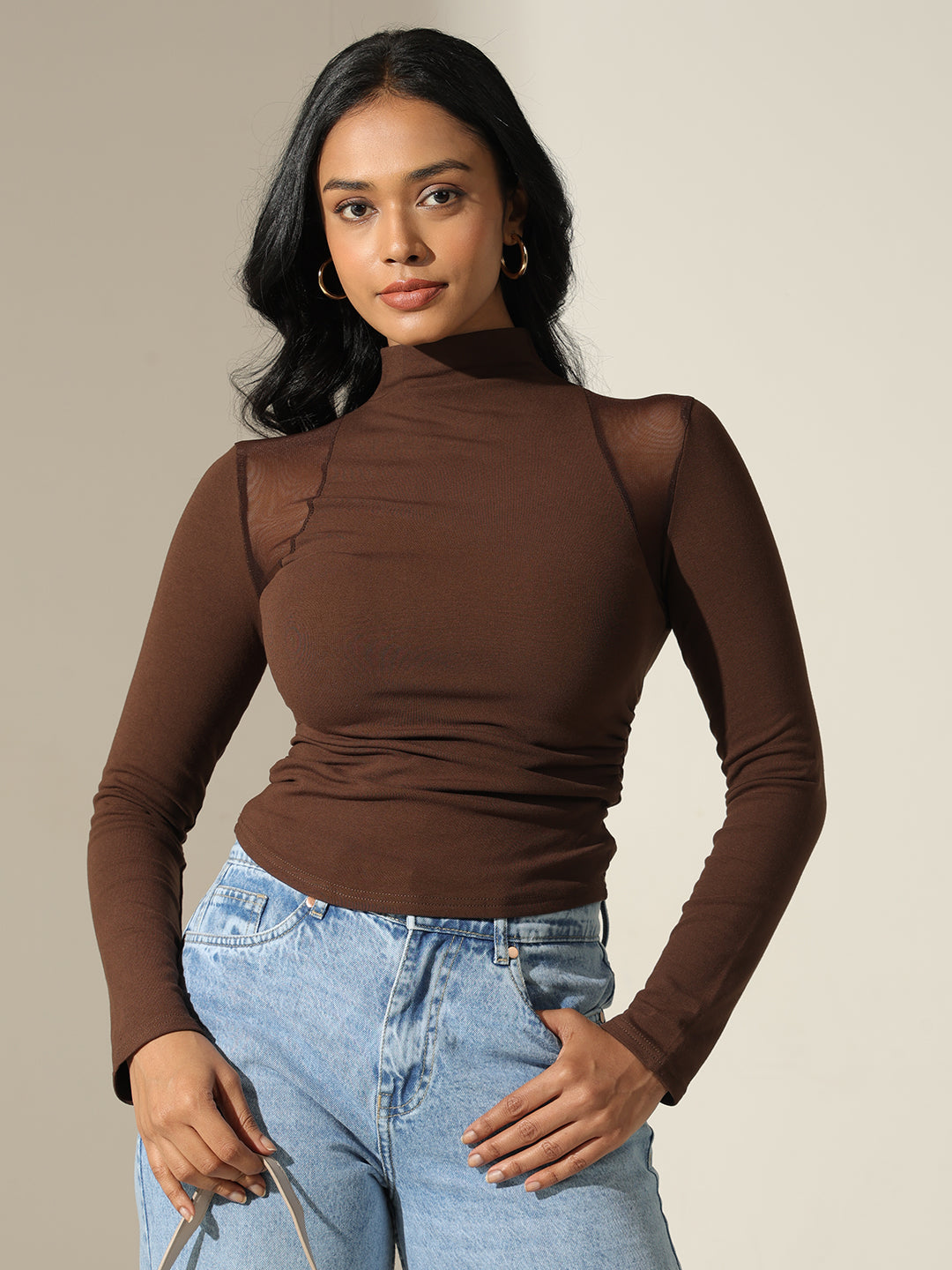 Women's Brown Mock Neck Top with Mesh Shoulder Detail