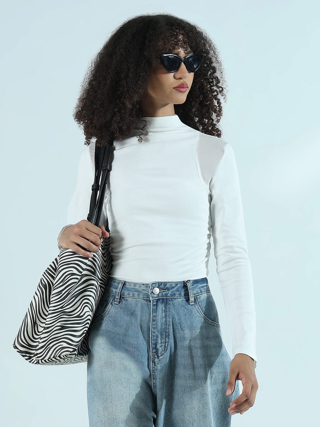 Women's White Mesh Panel Long Sleeve High Neck Top