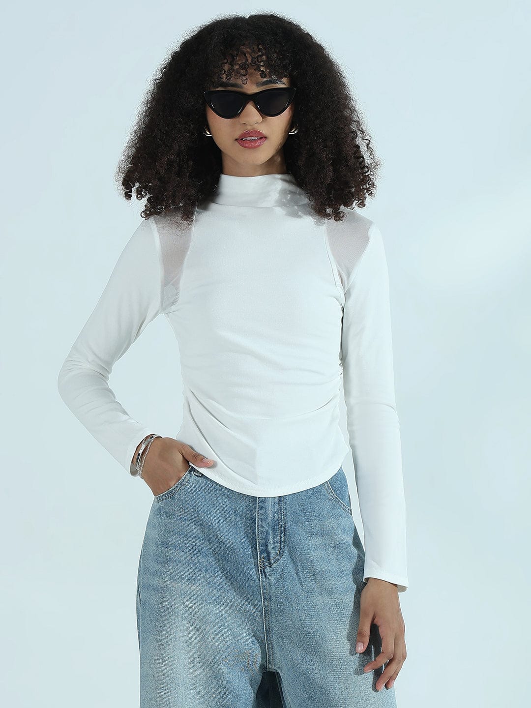 Women's White Mesh Panel Long Sleeve High Neck Top