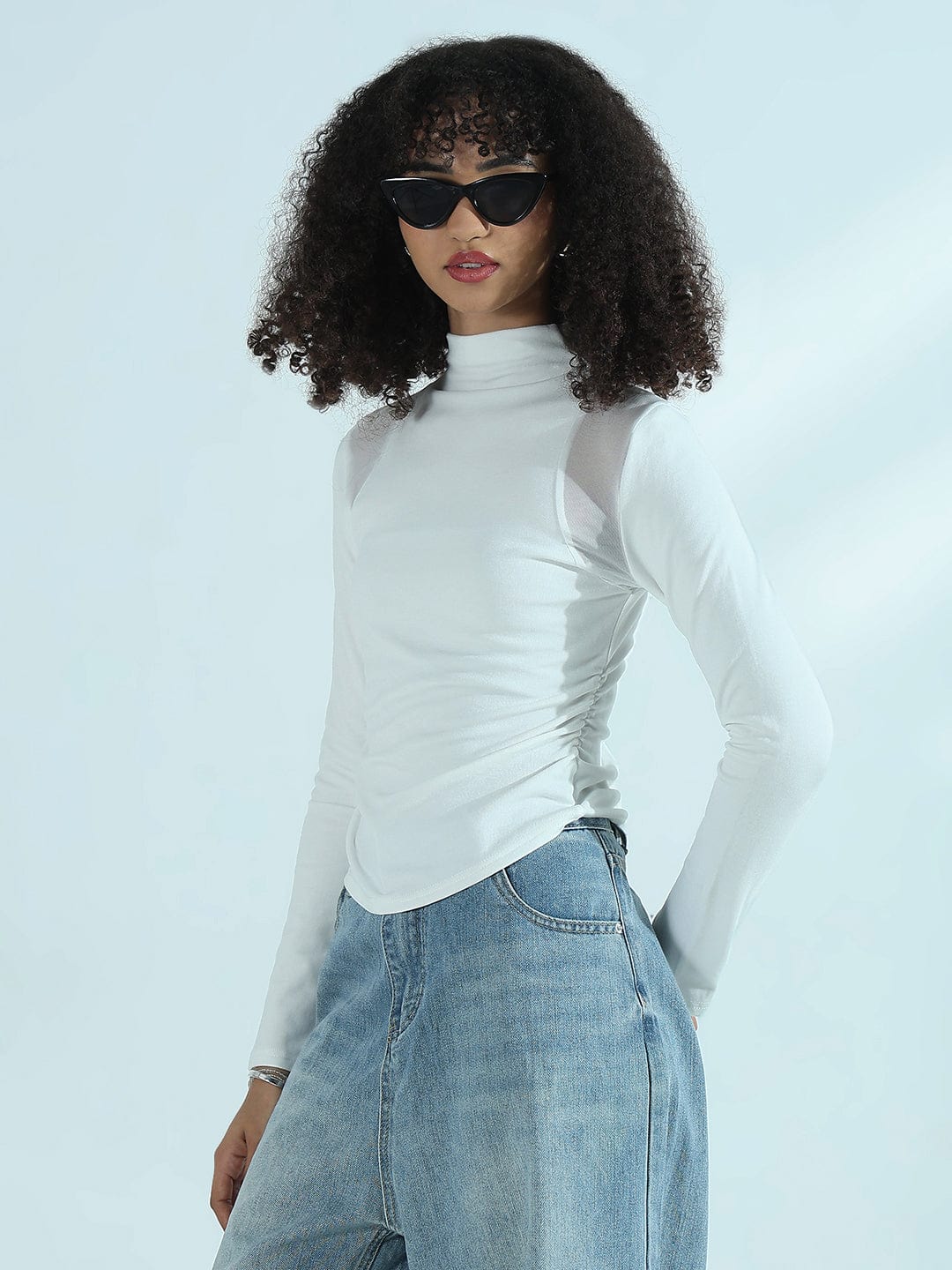 Women's White Mesh Panel Long Sleeve High Neck Top