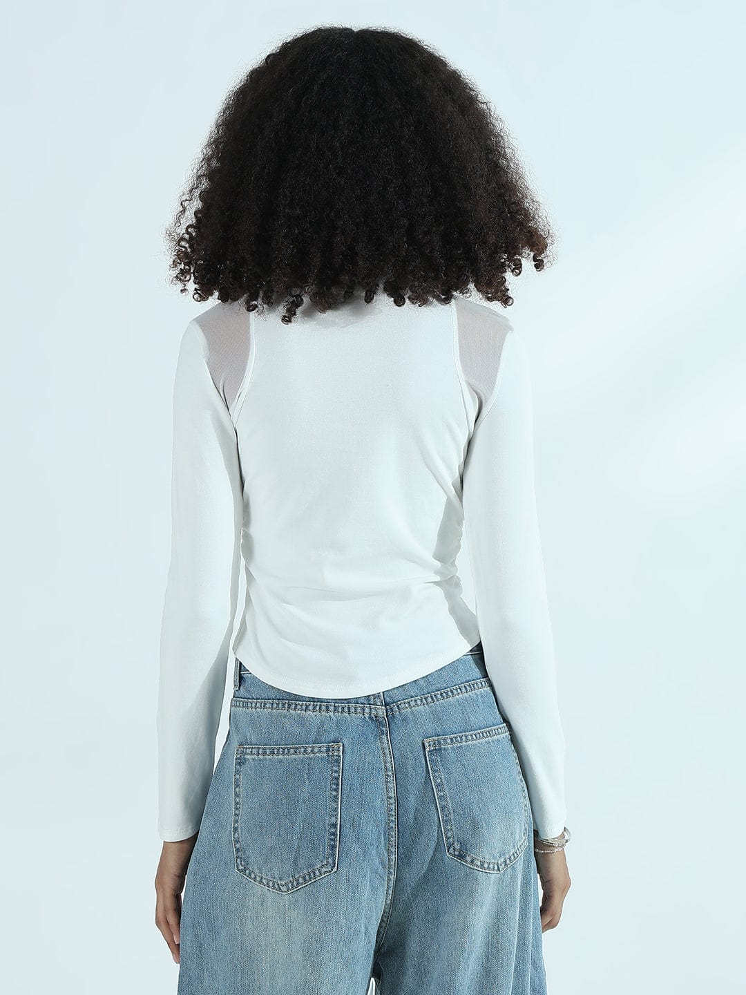 Women's White Mesh Panel Long Sleeve High Neck Top