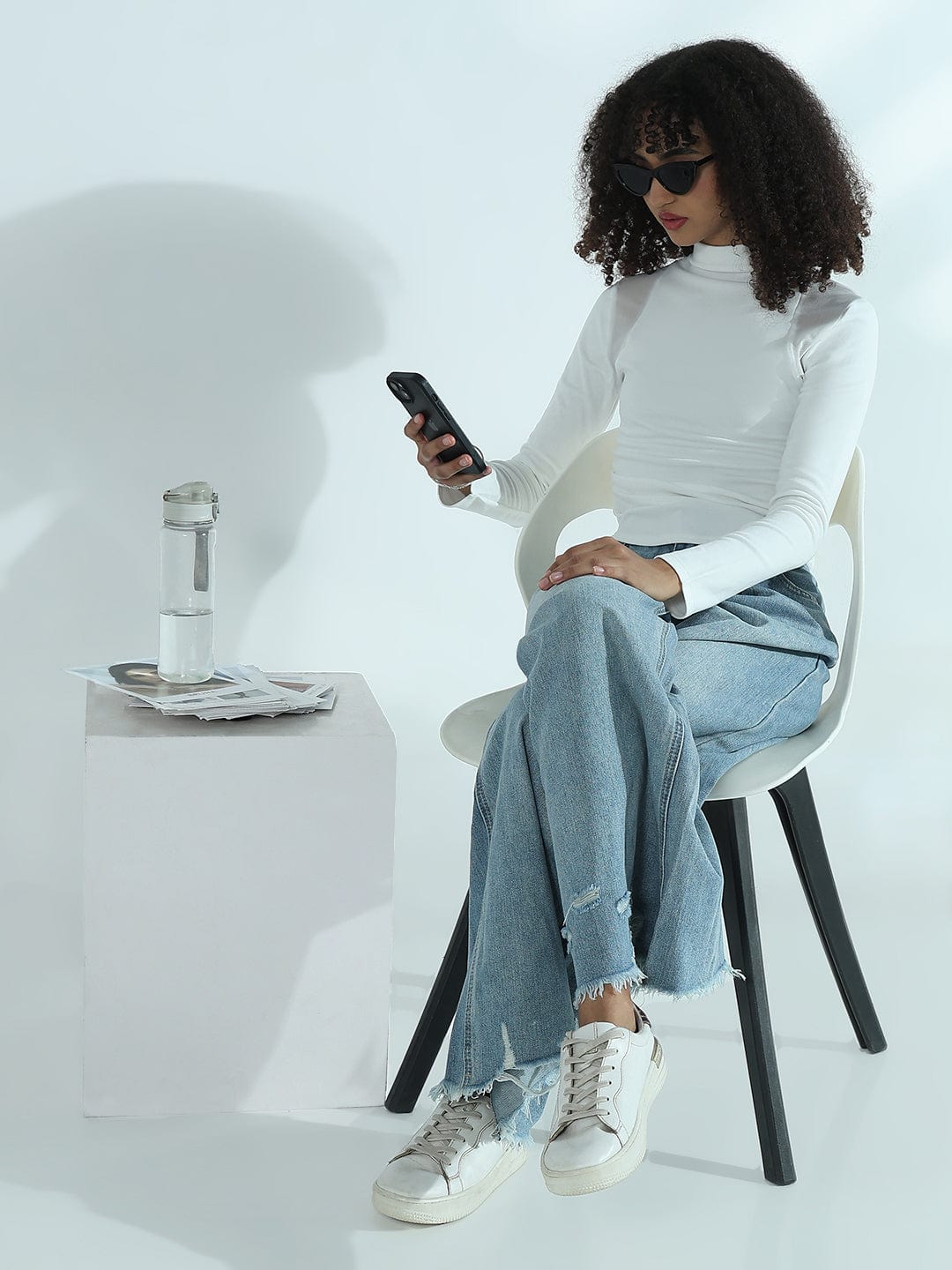 Women's White Mesh Panel Long Sleeve High Neck Top