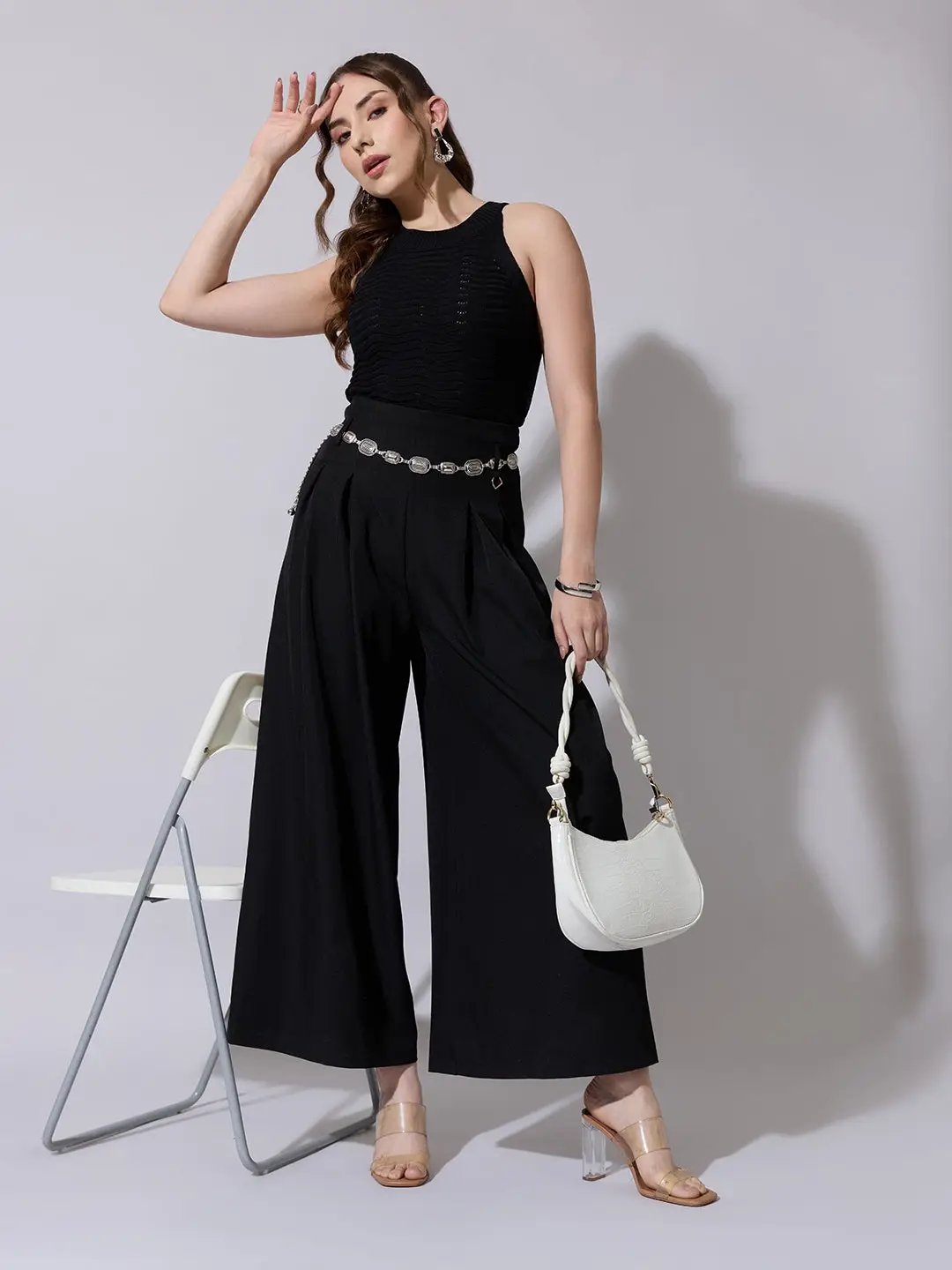 Women's Pleated Black Wide Leg Trousers with Belt - Uncategorized from SHOWOFFFF