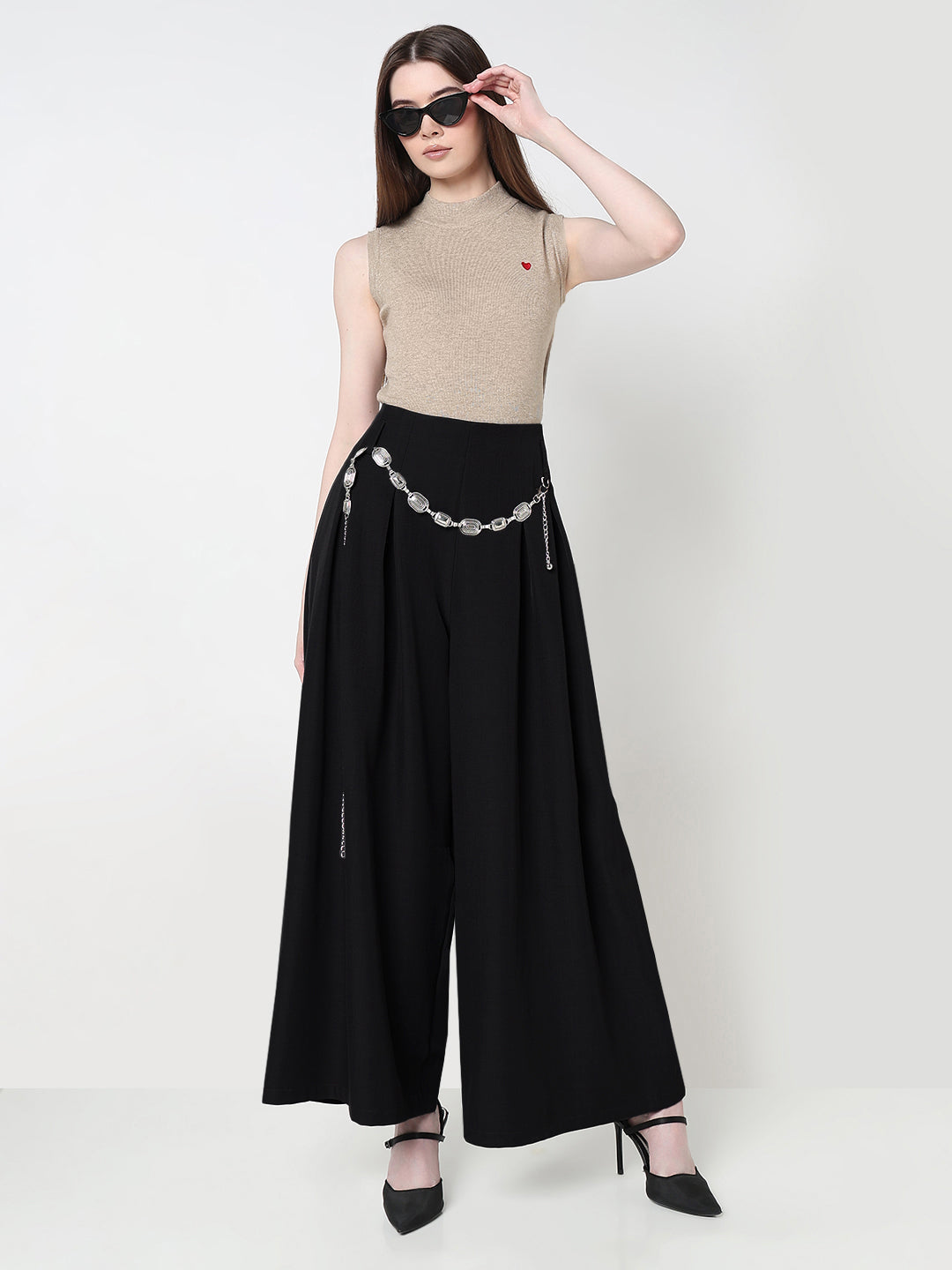 Women's Pleated Black Wide Leg Trousers with Belt