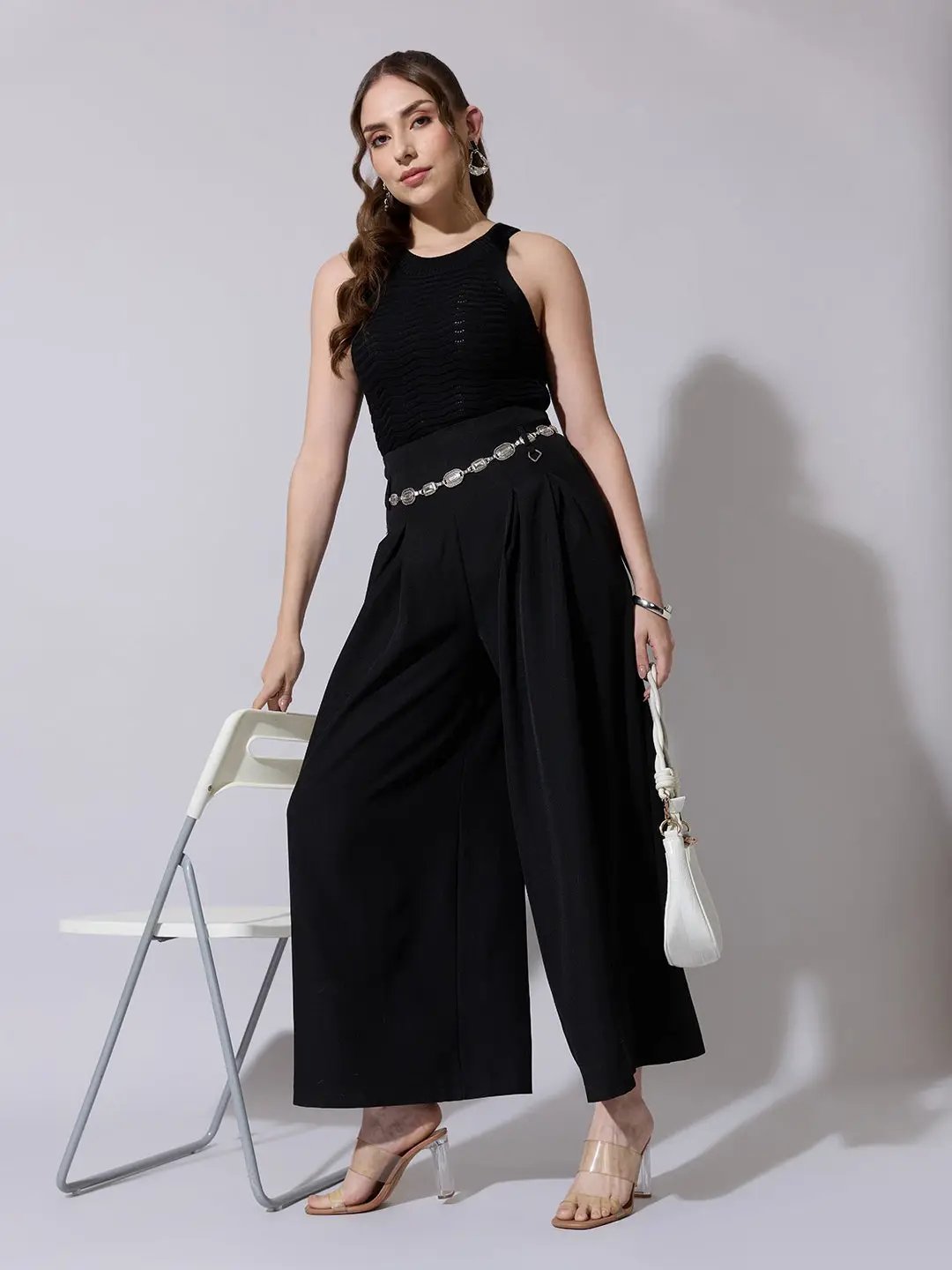 Women's Pleated Black Wide Leg Trousers with Belt - Uncategorized from SHOWOFFFF