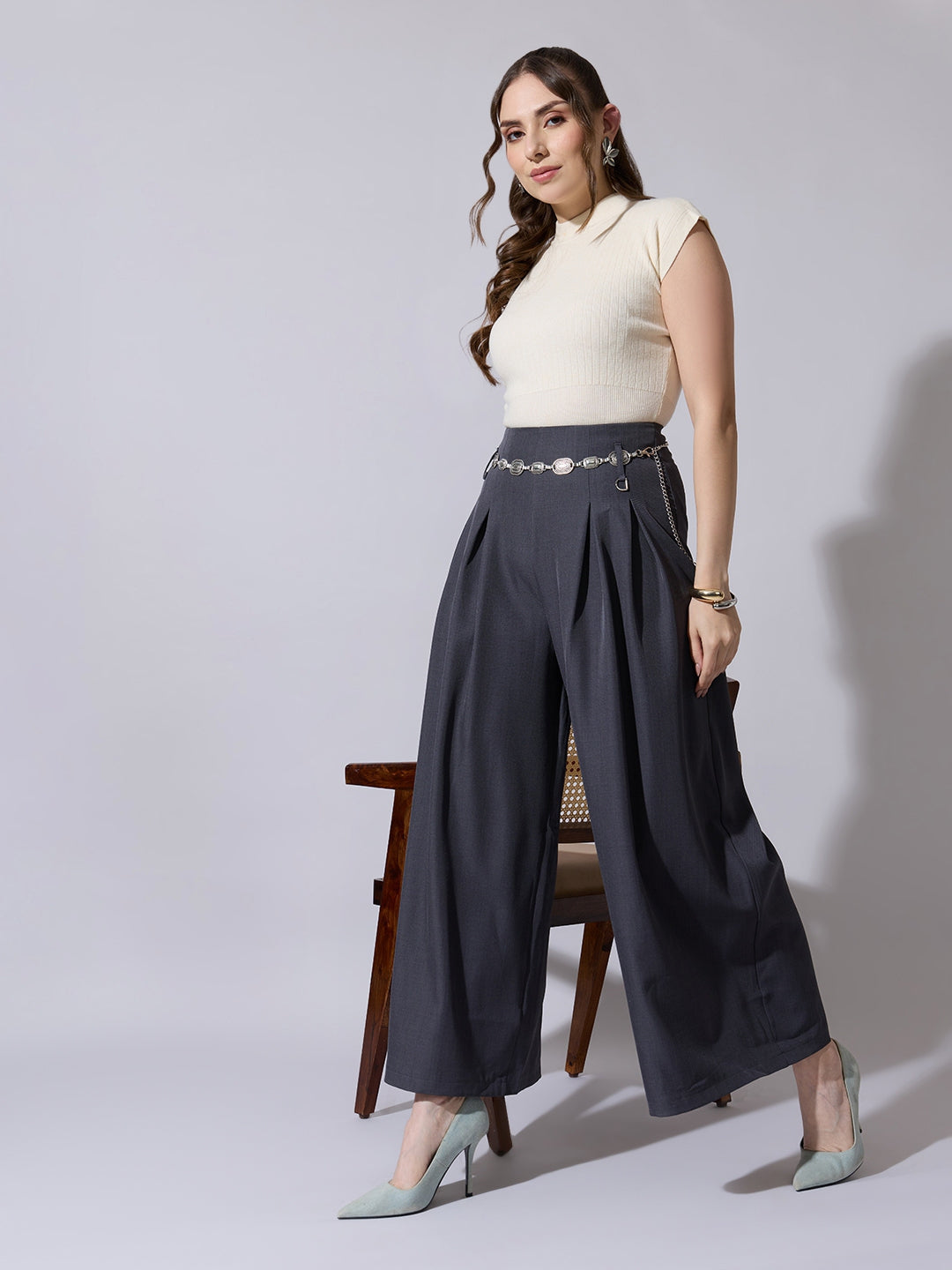 Women's Pleated Grey Wide Leg Trousers with Belt