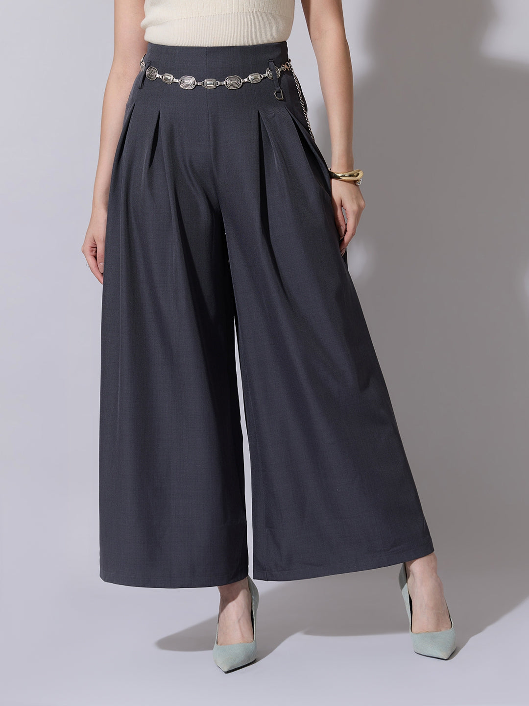 Women's Pleated Grey Wide Leg Trousers with Belt