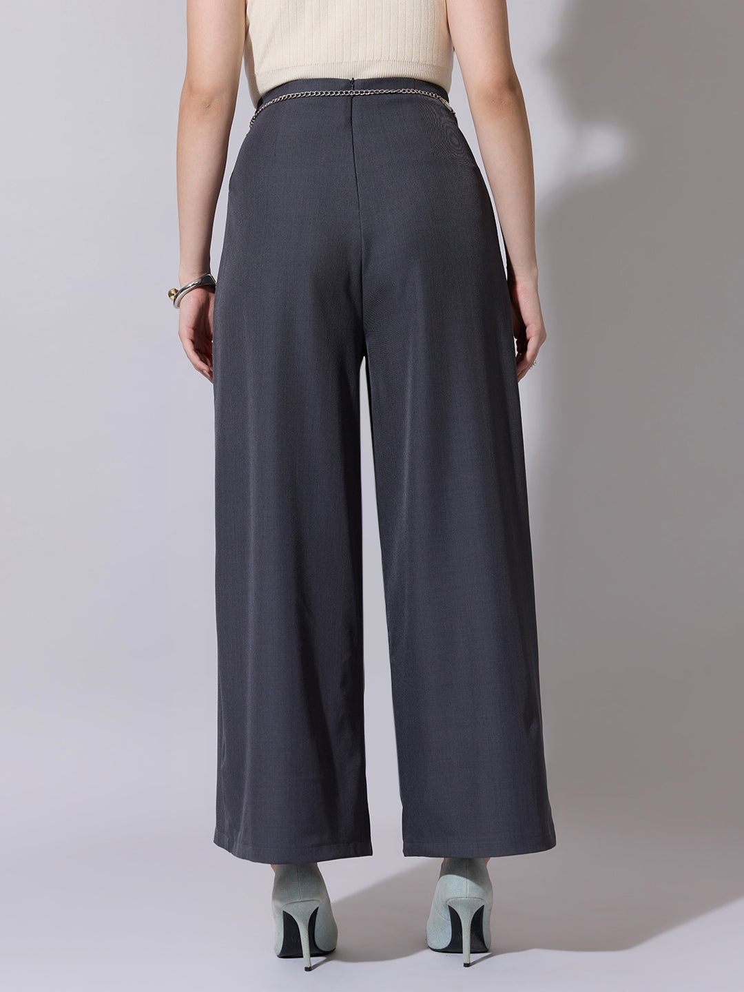 Women's Pleated Grey Wide Leg Trousers with Belt