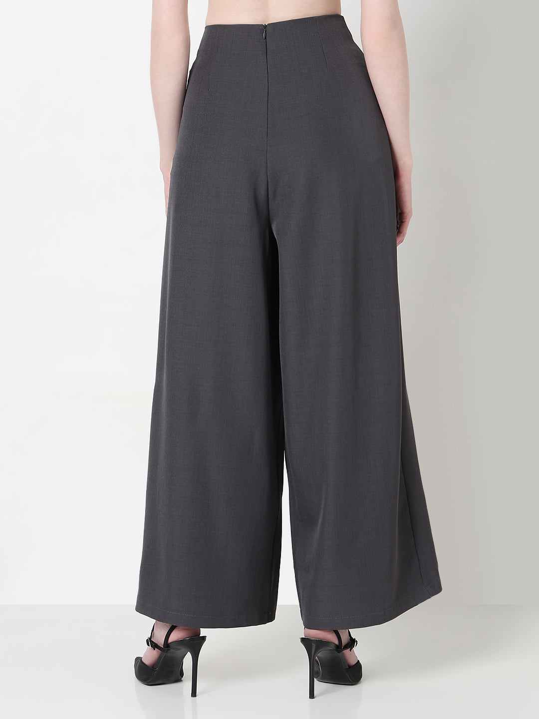 Women's Pleated Grey Wide Leg Trousers with Belt
