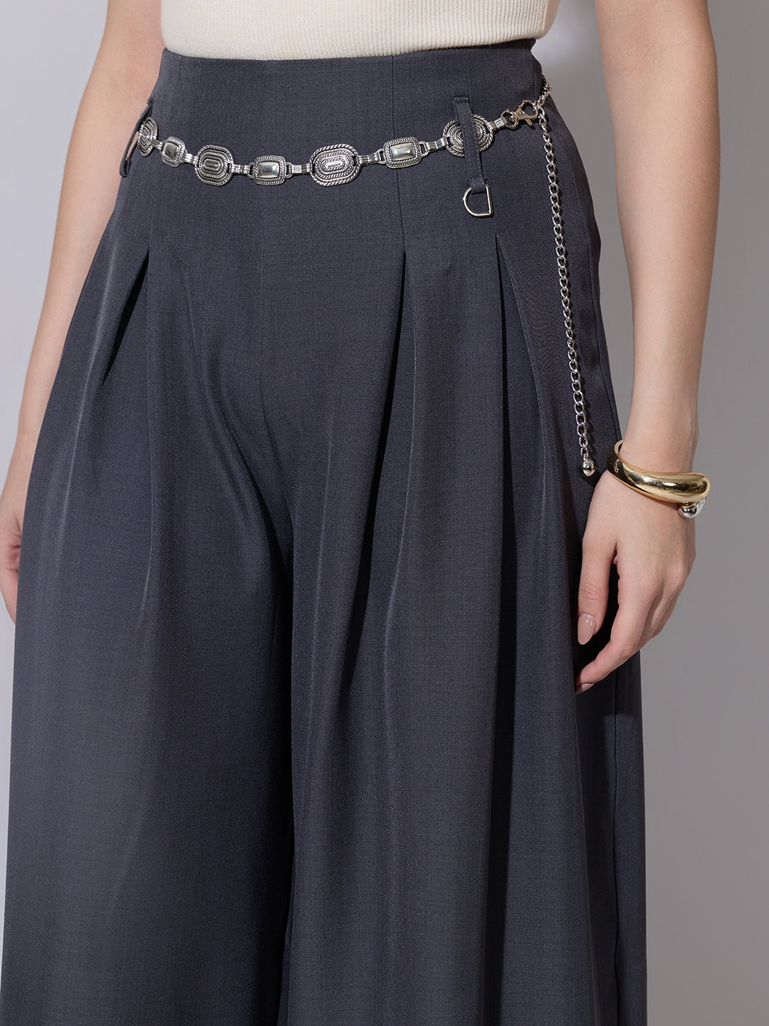 Women's Pleated Grey Wide Leg Trousers with Belt