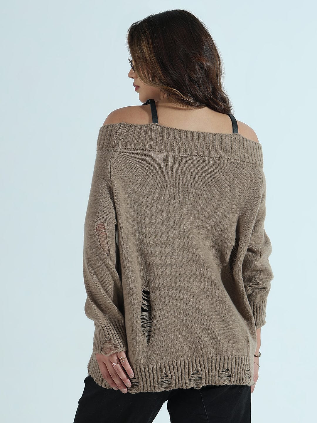 Women's Distressed Beige Off-Shoulder Sweater with Grunge Detailing