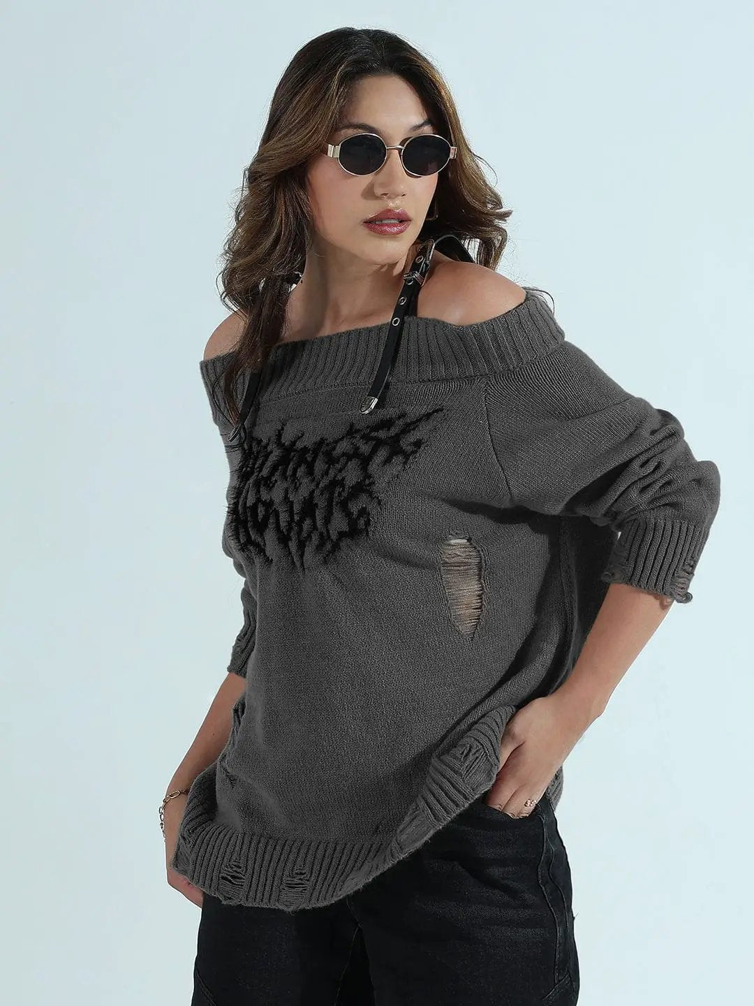 Buy Women's Distressed Grey Off-Shoulder Sweater with Grunge