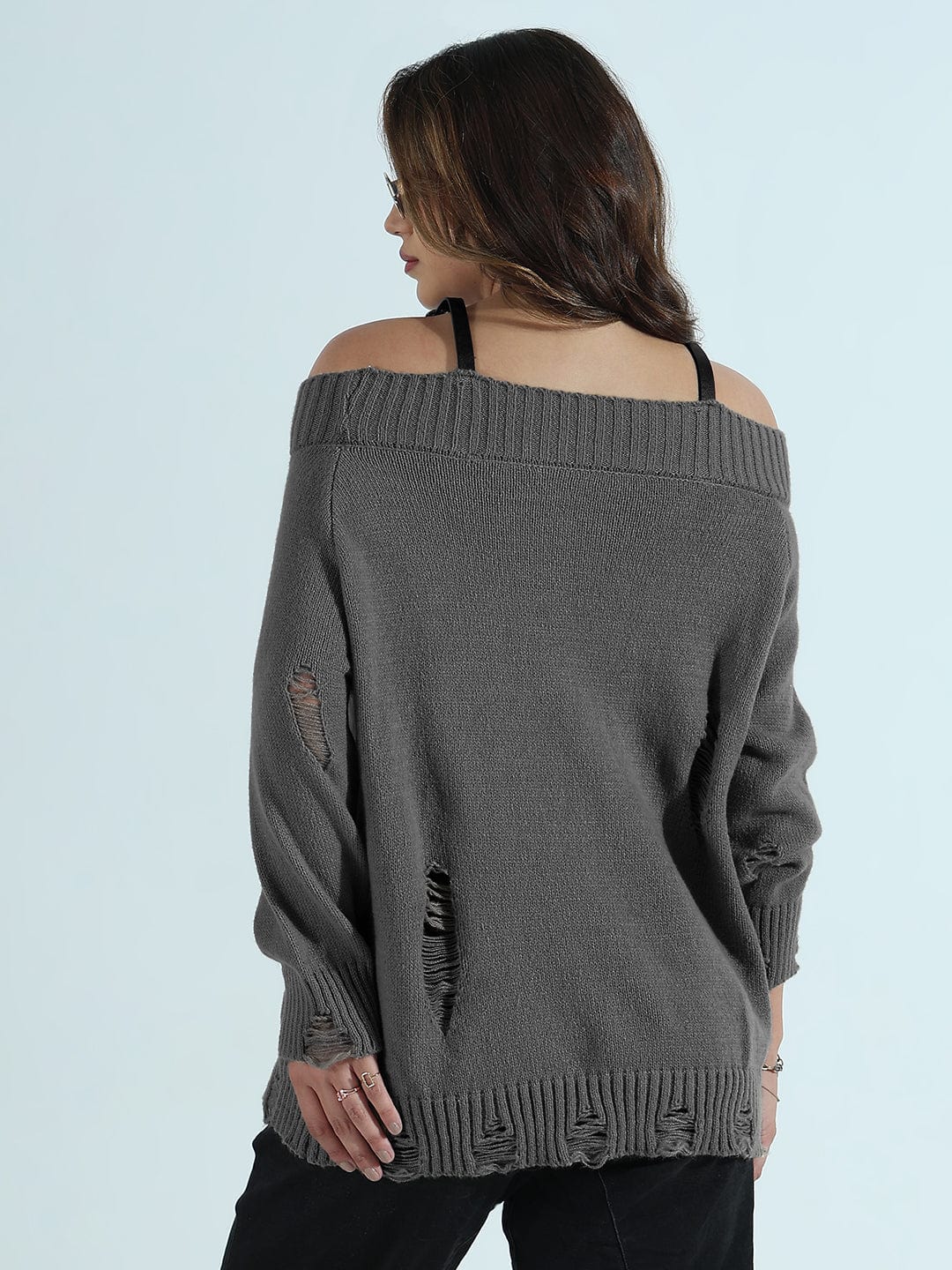 Women's Distressed Grey Off-Shoulder Sweater with Grunge Detailing