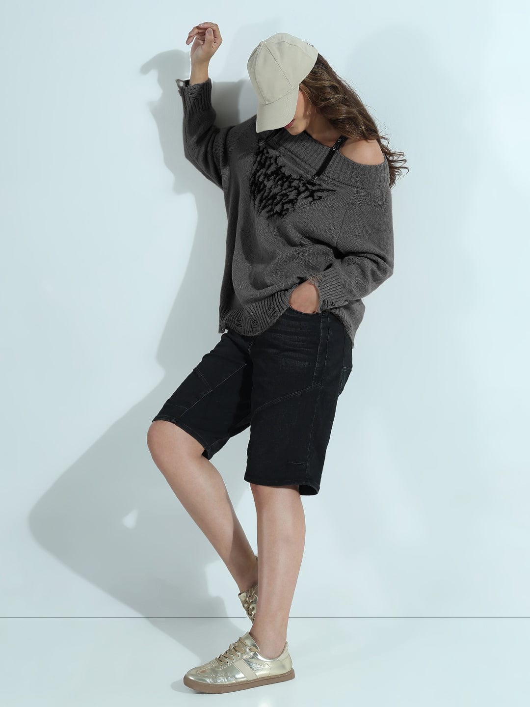 Women's Distressed Grey Off-Shoulder Sweater with Grunge Detailing