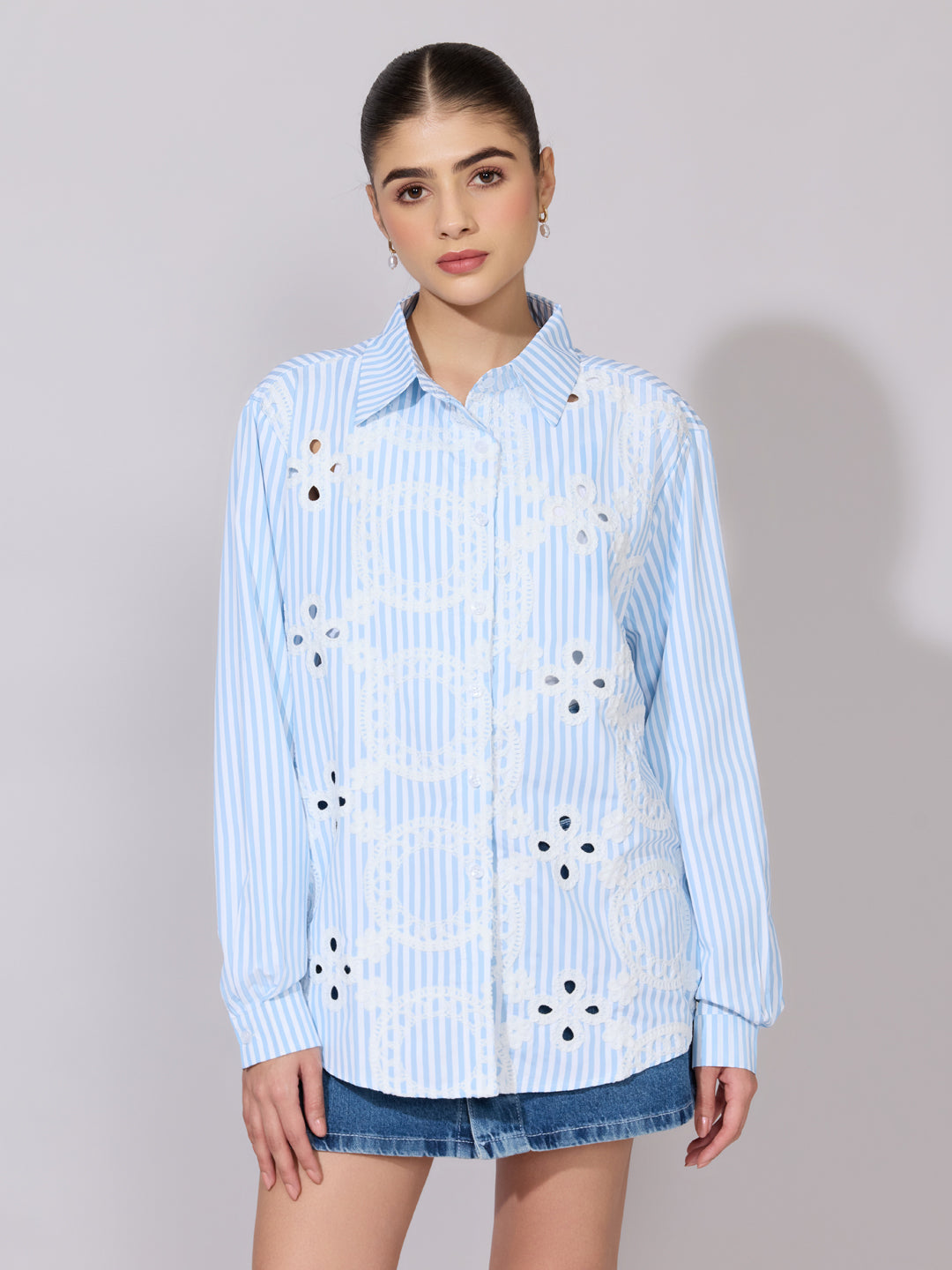 Women's Striped Blue Cut-Work Embroidered Shirt
