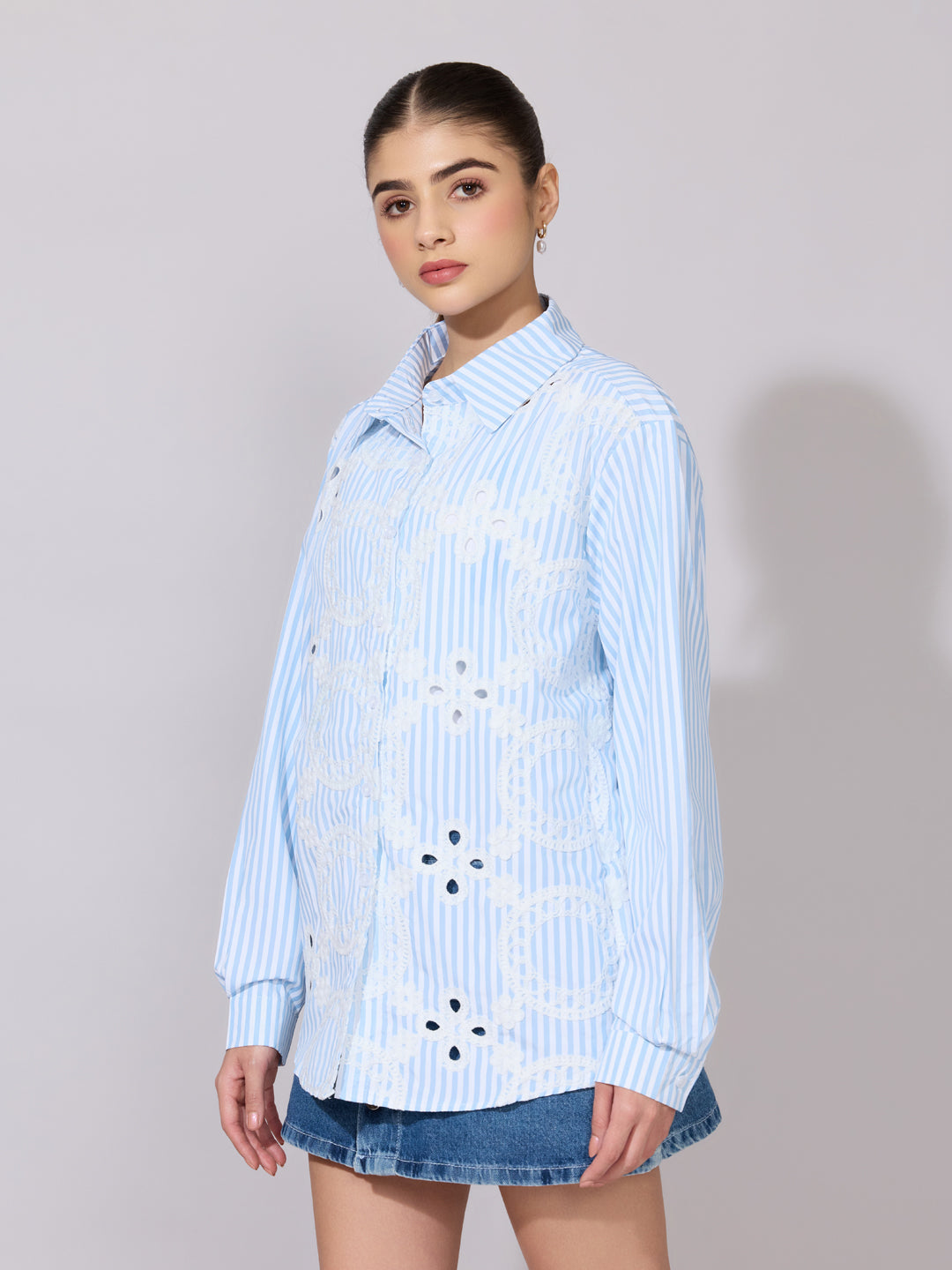Women's Striped Blue Cut-Work Embroidered Shirt