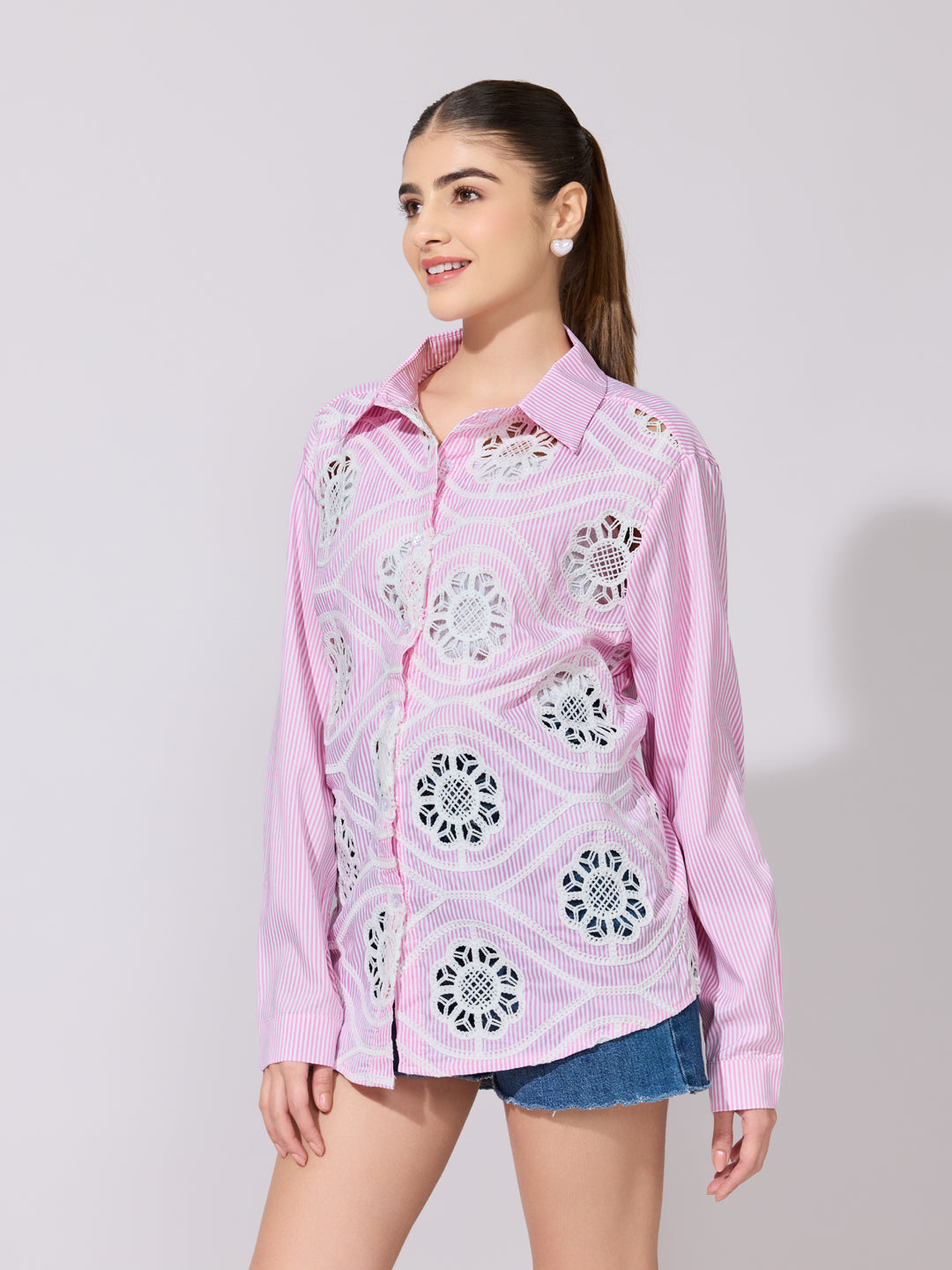 Women's Striped Pink Lace Applique Shirt
