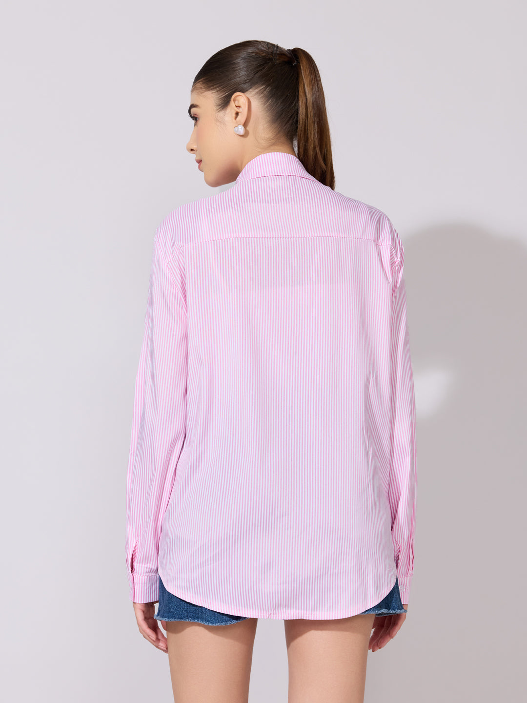 Women's Striped Pink Lace Applique Shirt