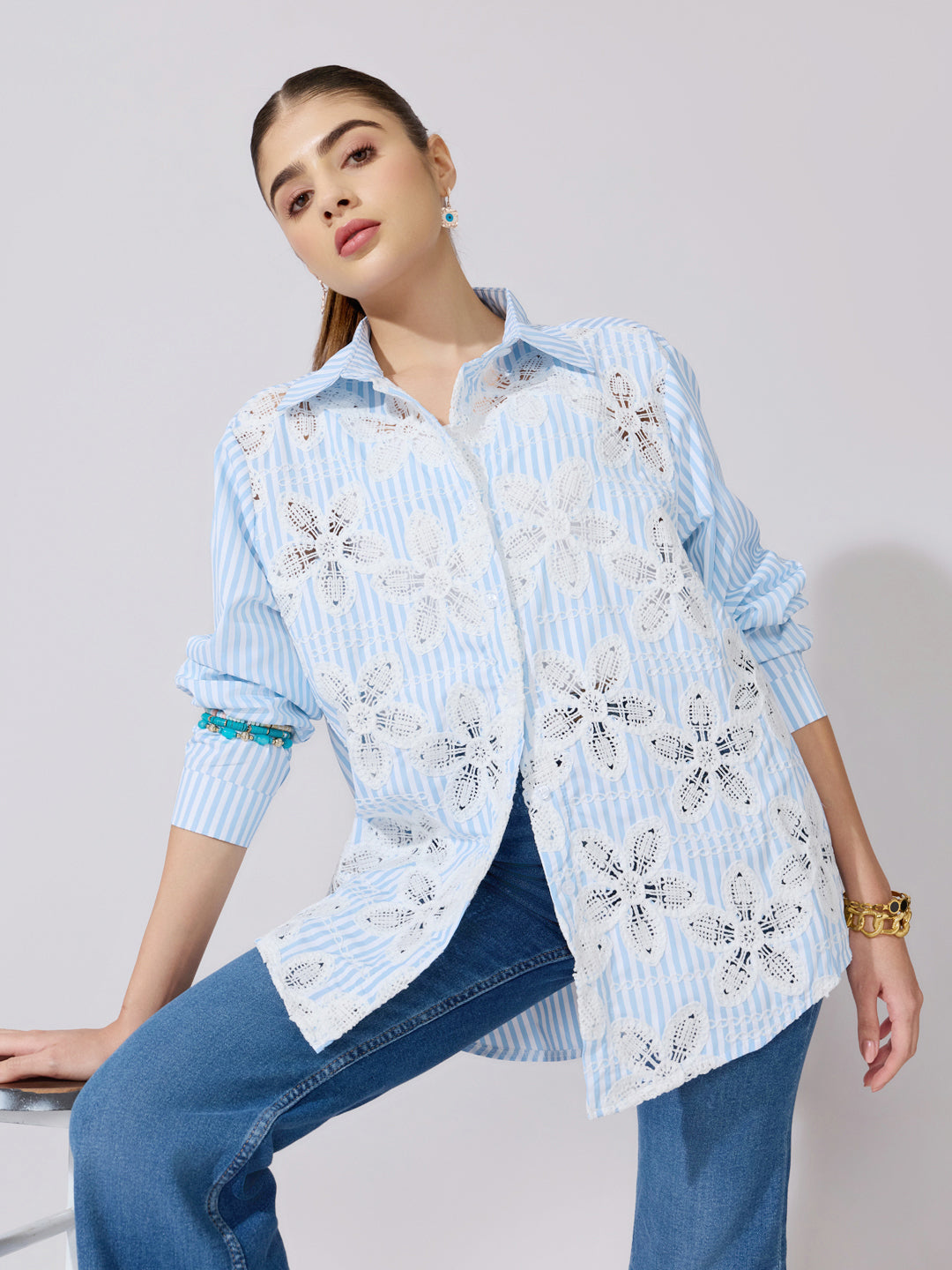 Women's Striped Blue Floral Cut-Work Shirt