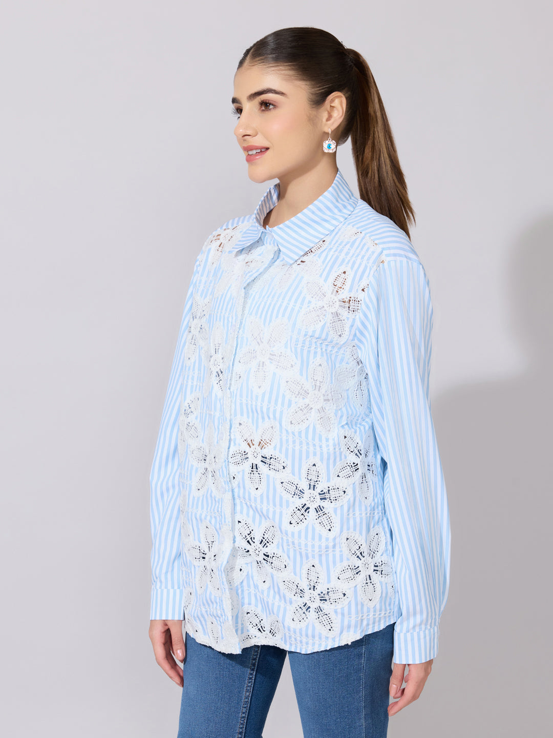 Women's Striped Blue Floral Cut-Work Shirt
