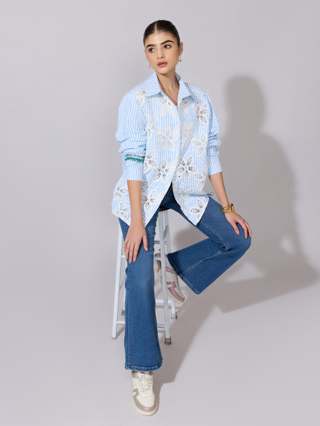 Women's Striped Blue Floral Cut-Work Shirt