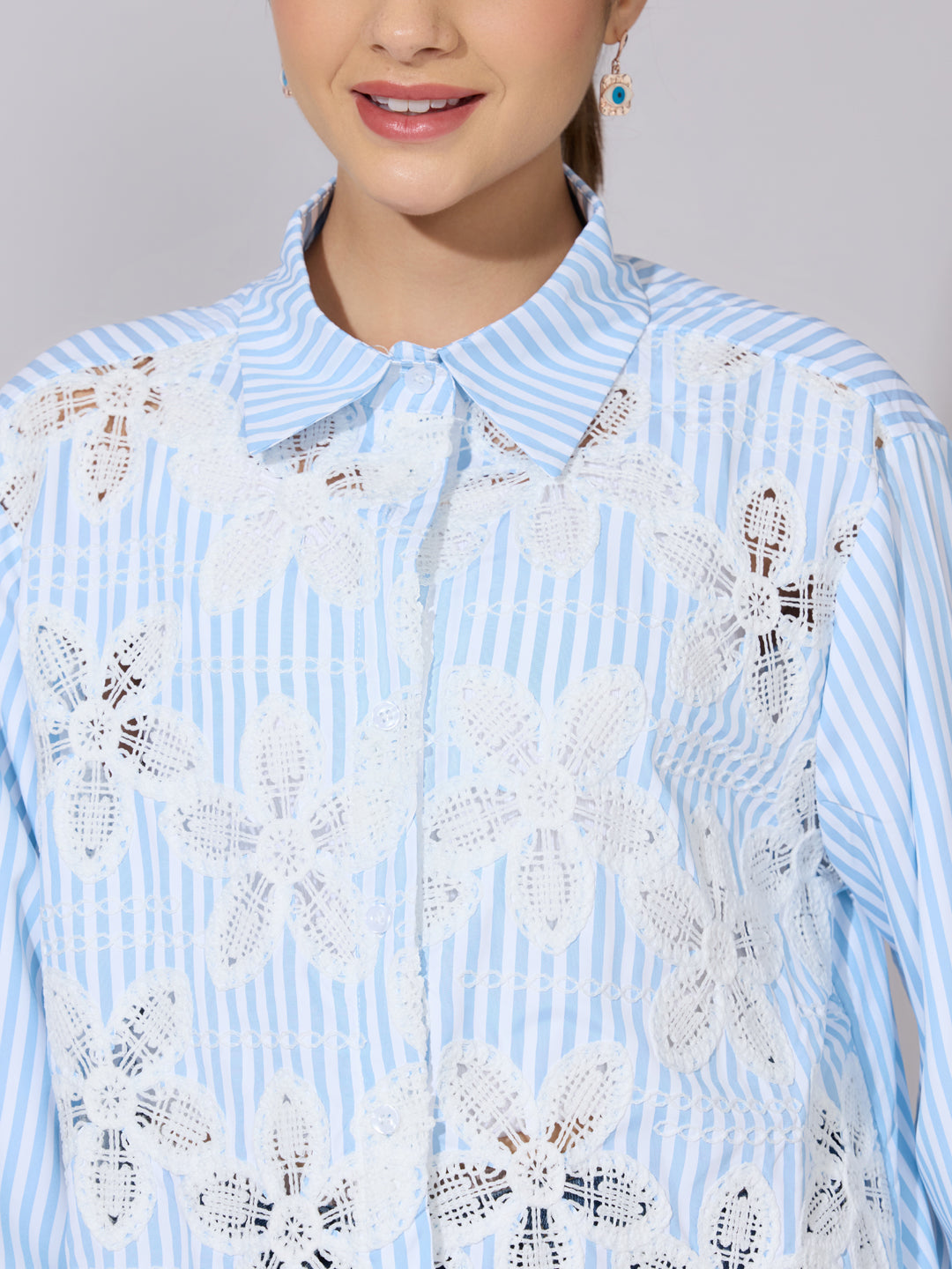 Women's Striped Blue Floral Cut-Work Shirt