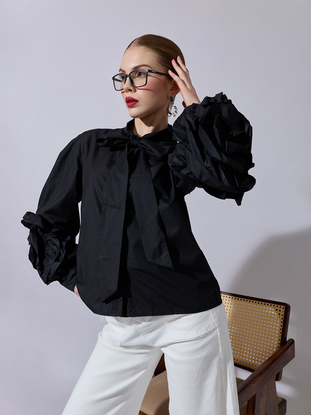 Women's Black Puff-Sleeve Shirt with Bow-Tie Detail
