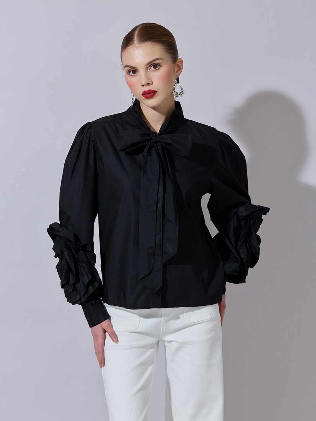 Women's Black Puff-Sleeve Shirt with Bow-Tie Detail