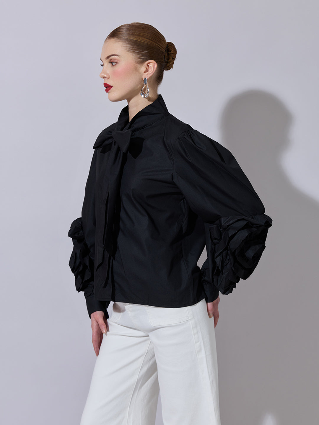 Women's Black Puff-Sleeve Shirt with Bow-Tie Detail