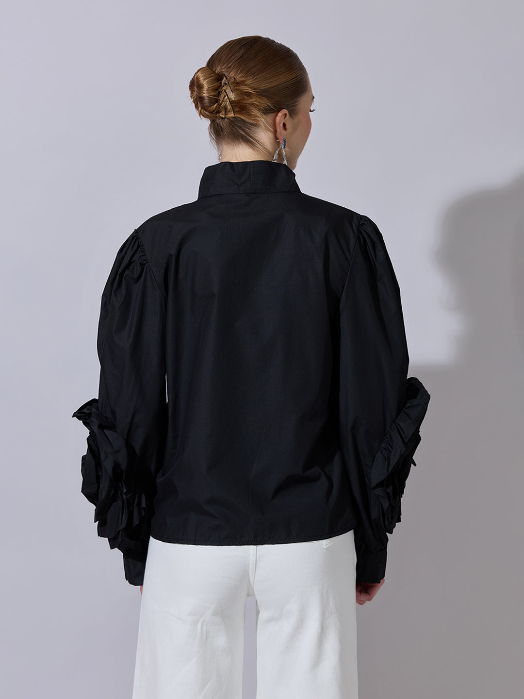 Women's Black Puff-Sleeve Shirt with Bow-Tie Detail