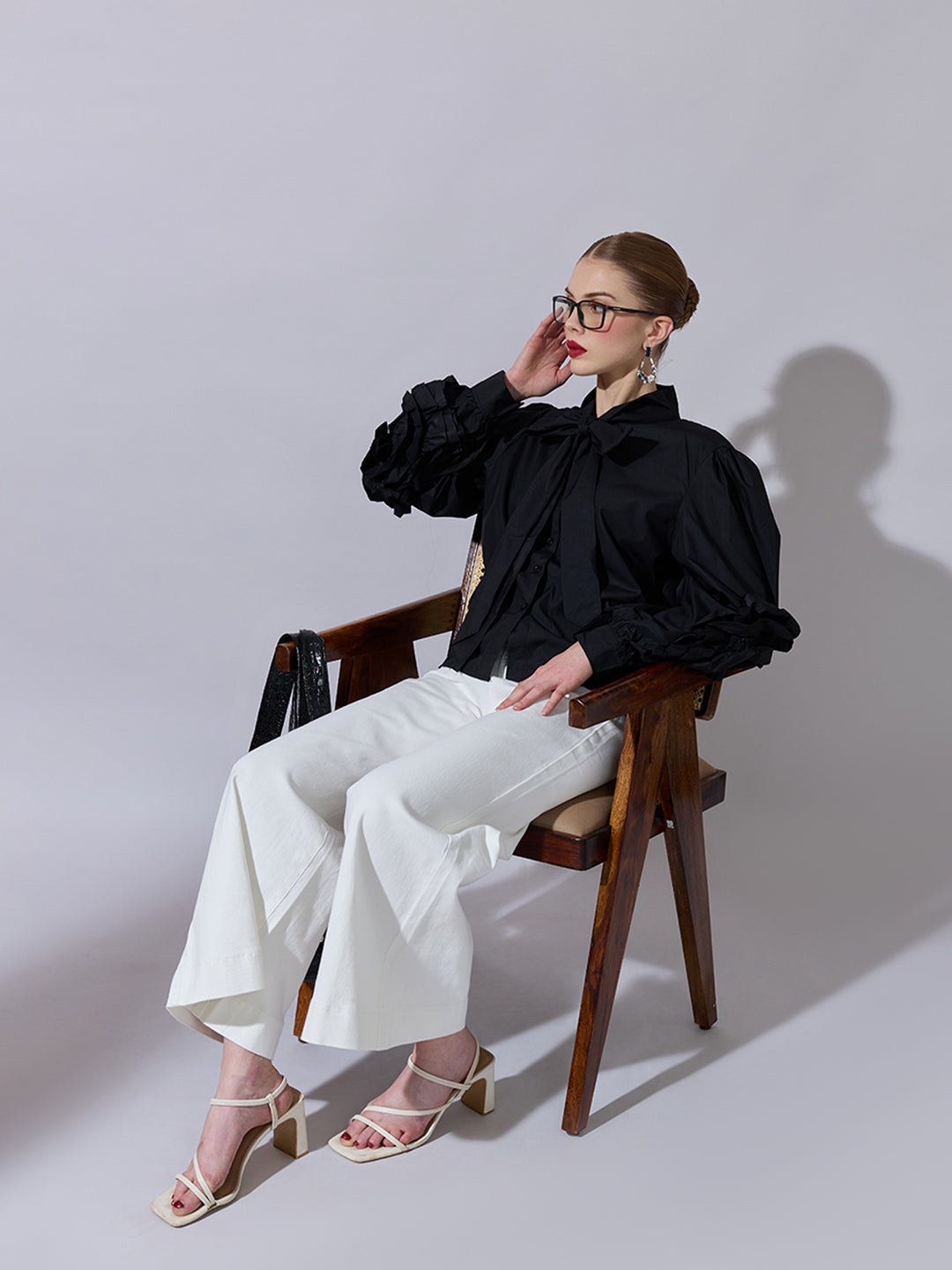 Women's Black Puff-Sleeve Shirt with Bow-Tie Detail