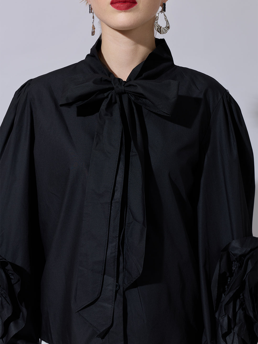 Women's Black Puff-Sleeve Shirt with Bow-Tie Detail